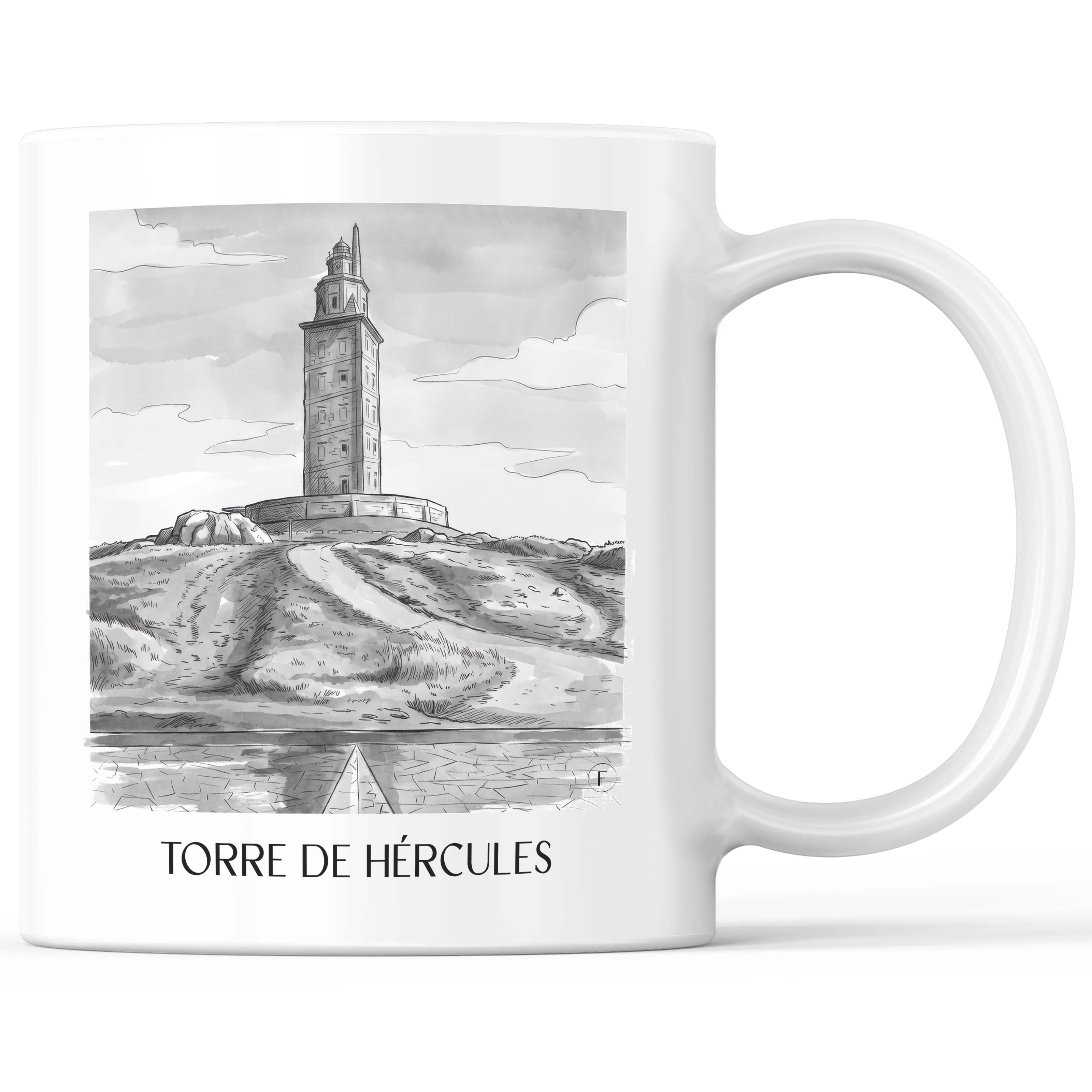 Torre de Hércules Kaffeebecher - A Coruña - Spanien Becher - Kaffeetasse im Aquarell Schwarz-Weiß Stil - favplace