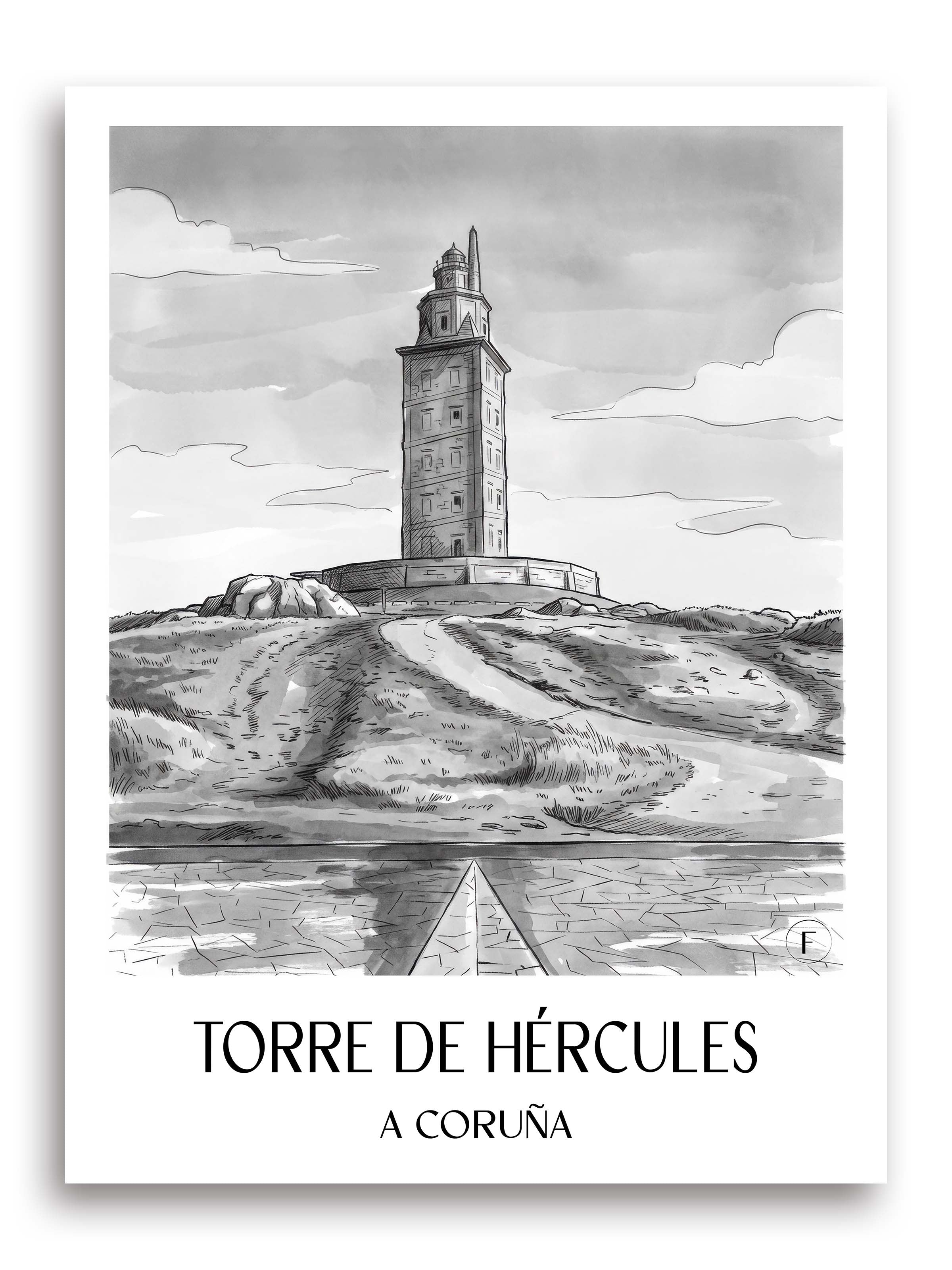 torre-de-hércules-a-coruña-spanien-poster-aquarell-schwarz-weiss