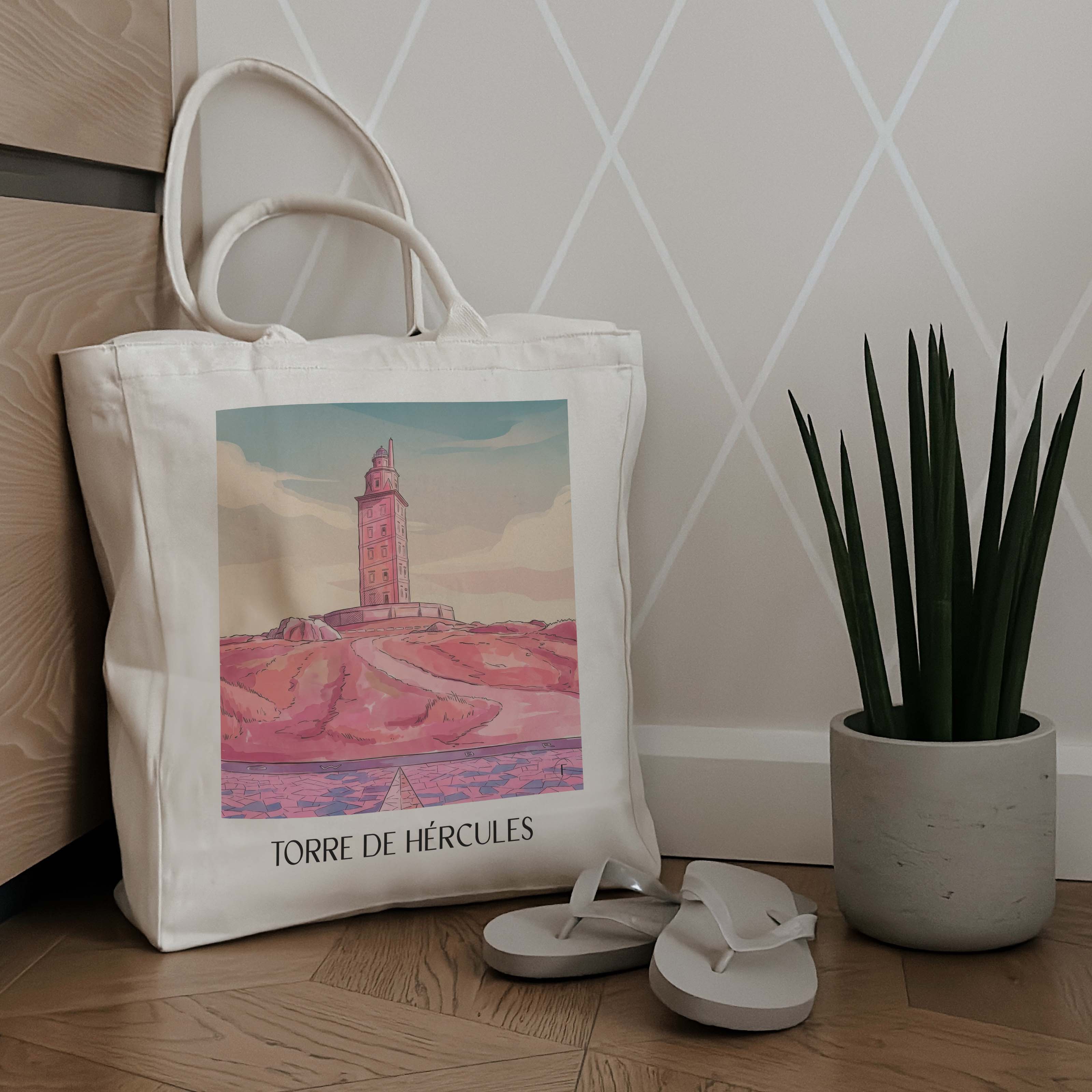 torre-de-hércules-a-coruña-spanien-einkaufstasche-aquarell-pink-rosa
