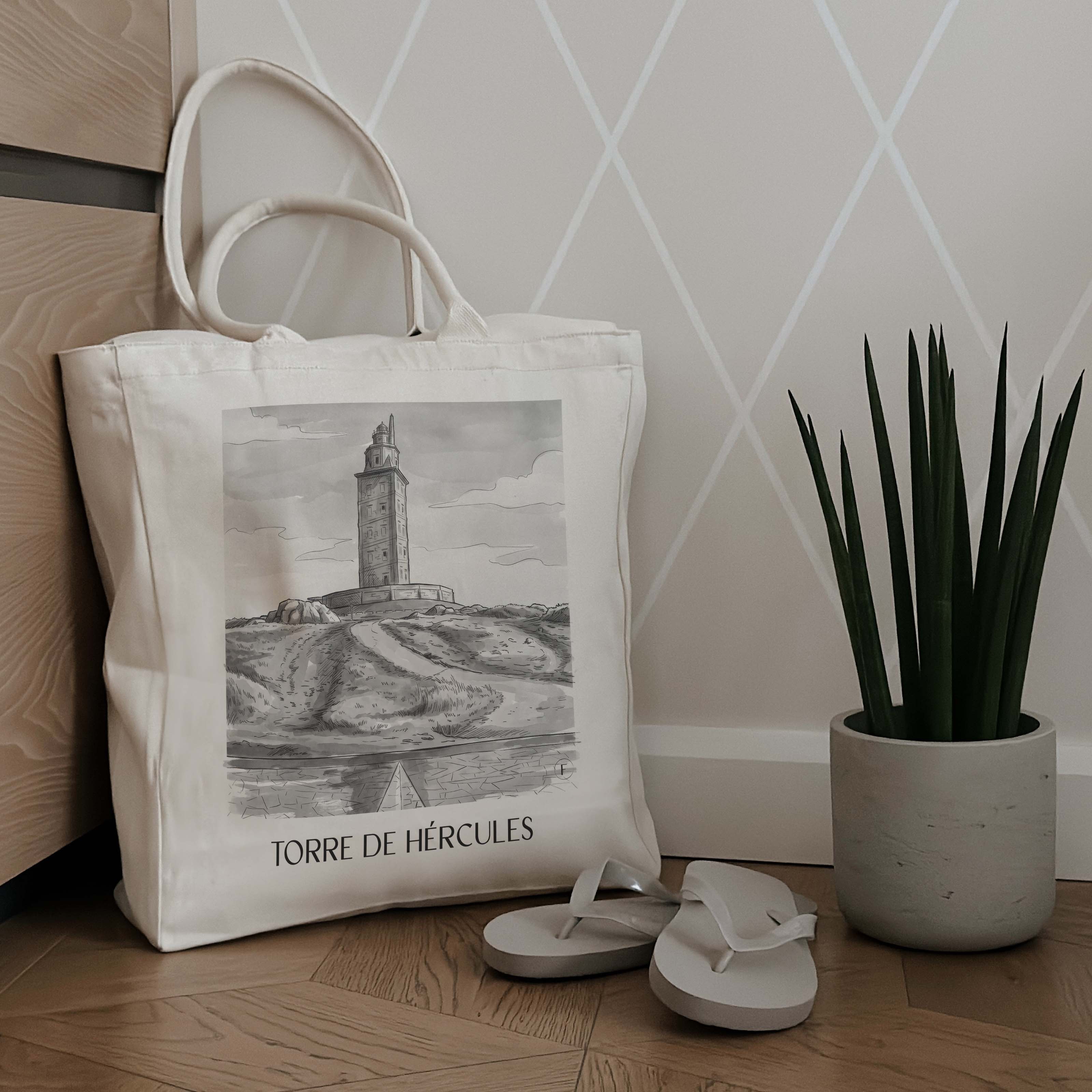 torre-de-hércules-a-coruña-spanien-einkaufstasche-aquarell-schwarz-weiss