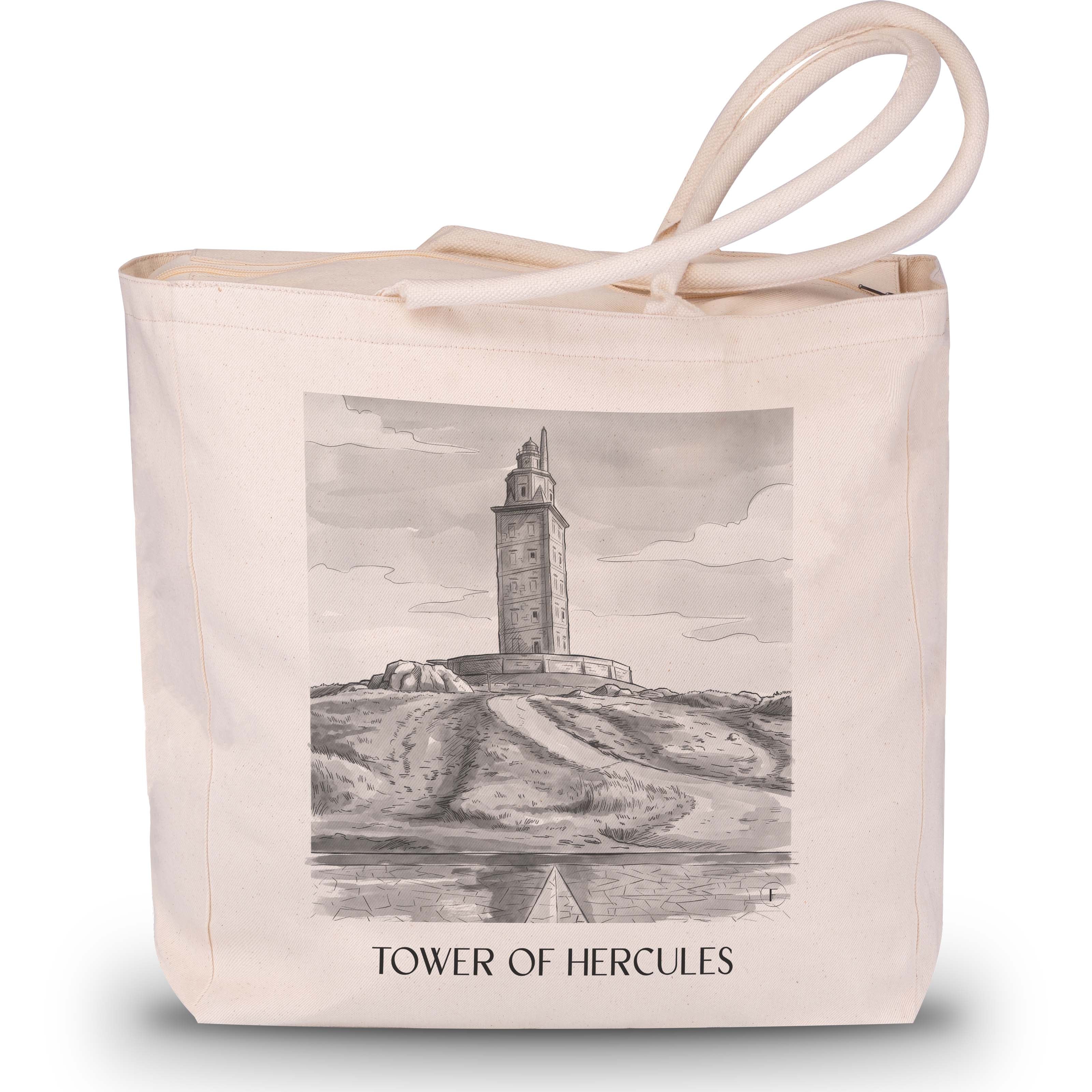 Torre de Hércules Shopping Tasche - A Coruña - Spanien Tote Bag - Einkaufstasche im Aquarell Schwarz-Weiß Stil - favplace