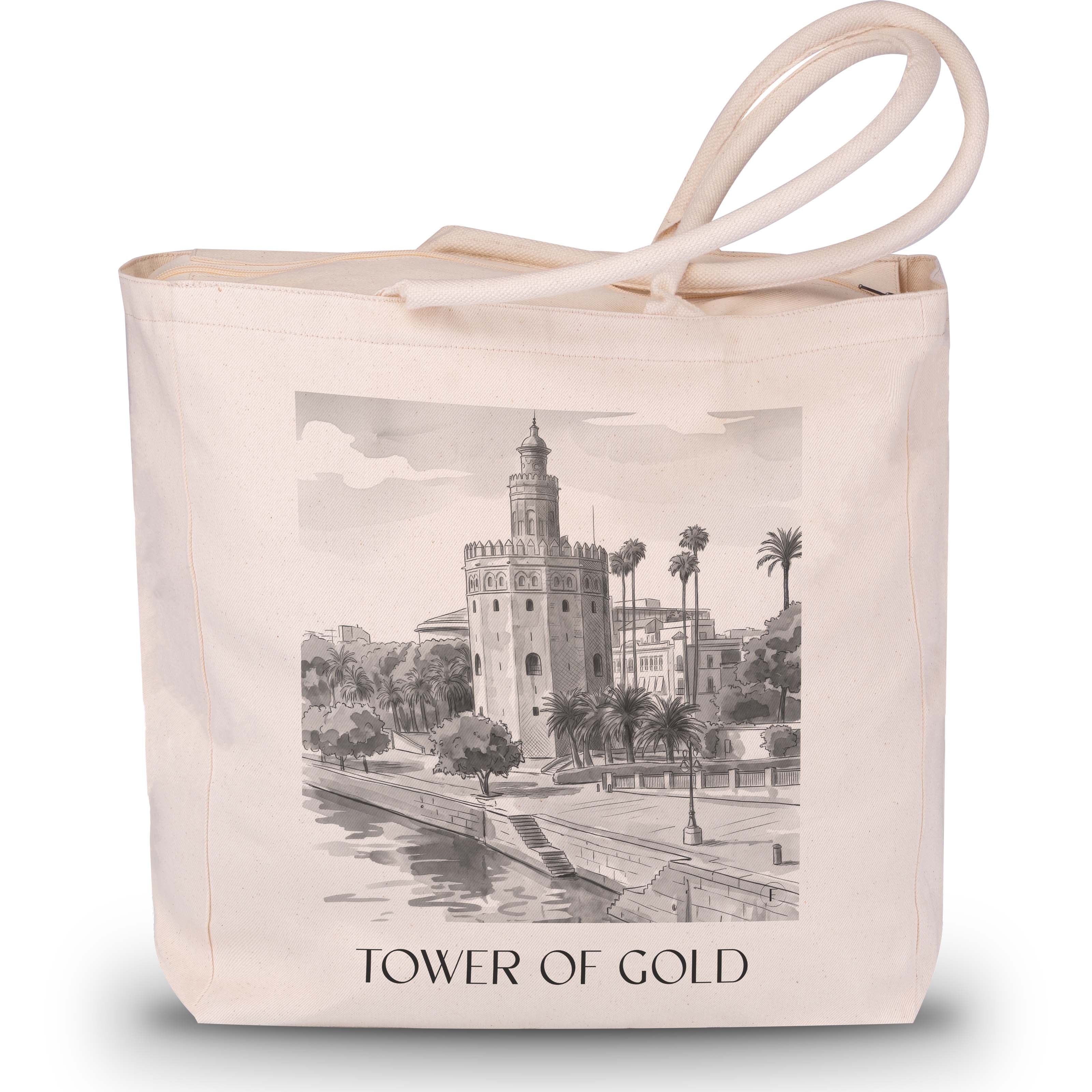 Torre del Oro Shopping Tasche - Sevilla - Spanien Tote Bag - Einkaufstasche im Aquarell Schwarz-Weiß Stil - favplace