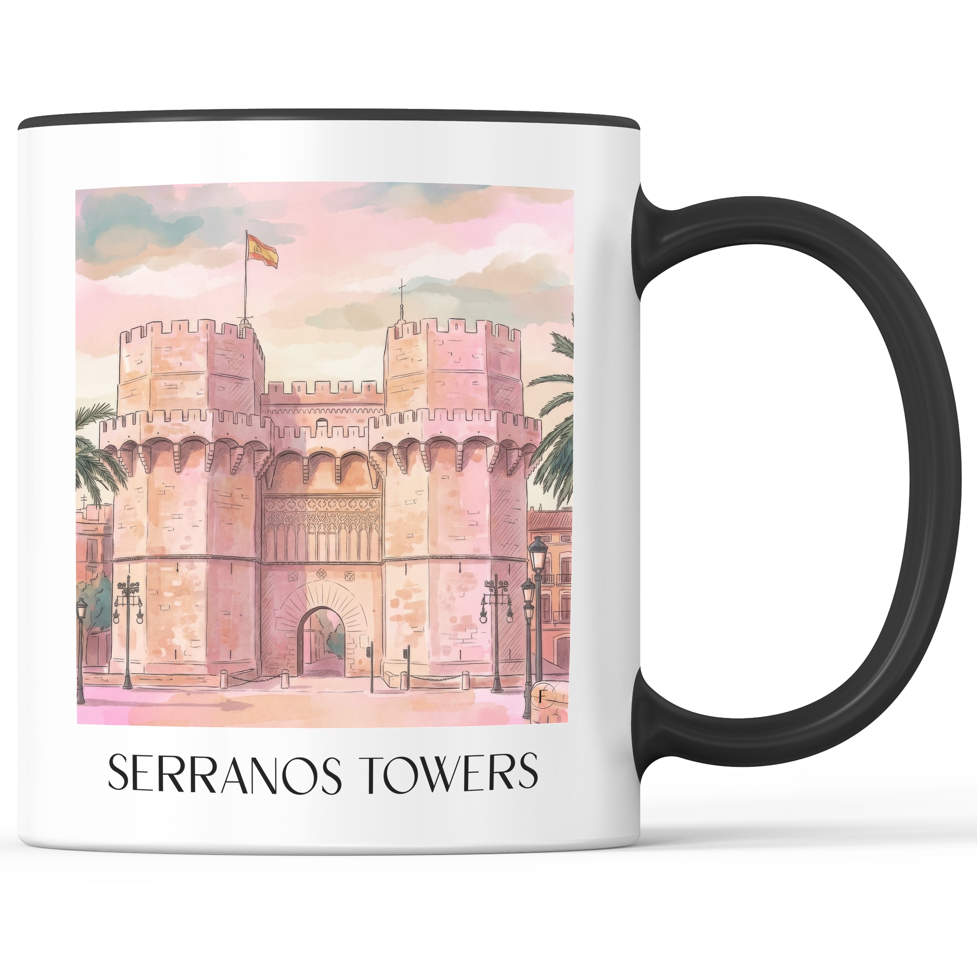 Torres de Serranos Kaffeebecher - Valencia - Spanien Becher - Kaffeetasse im Aquarell Pink Stil - favplace