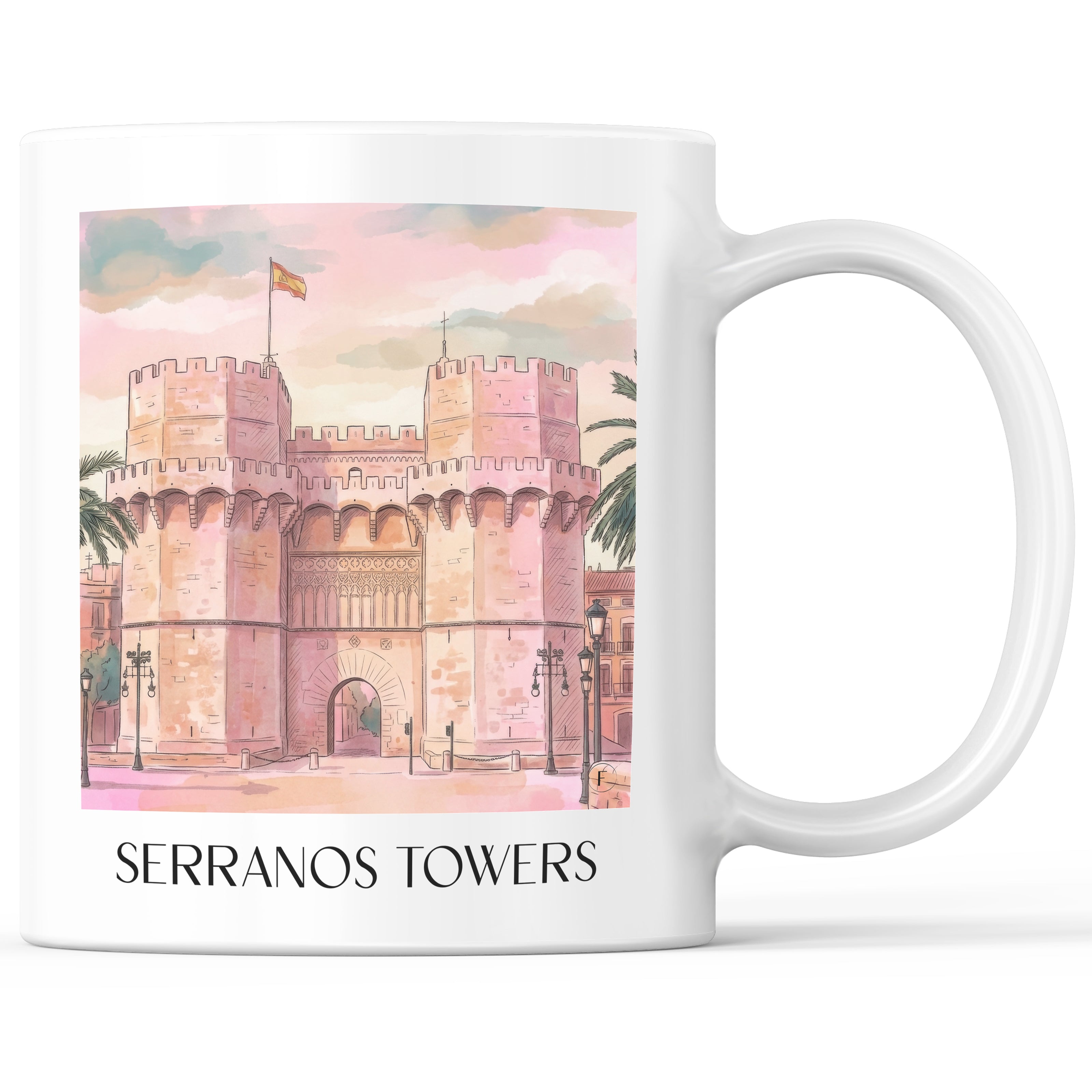 Torres de Serranos Kaffeebecher - Valencia - Spanien Becher - Kaffeetasse im Aquarell Pink Stil - favplace