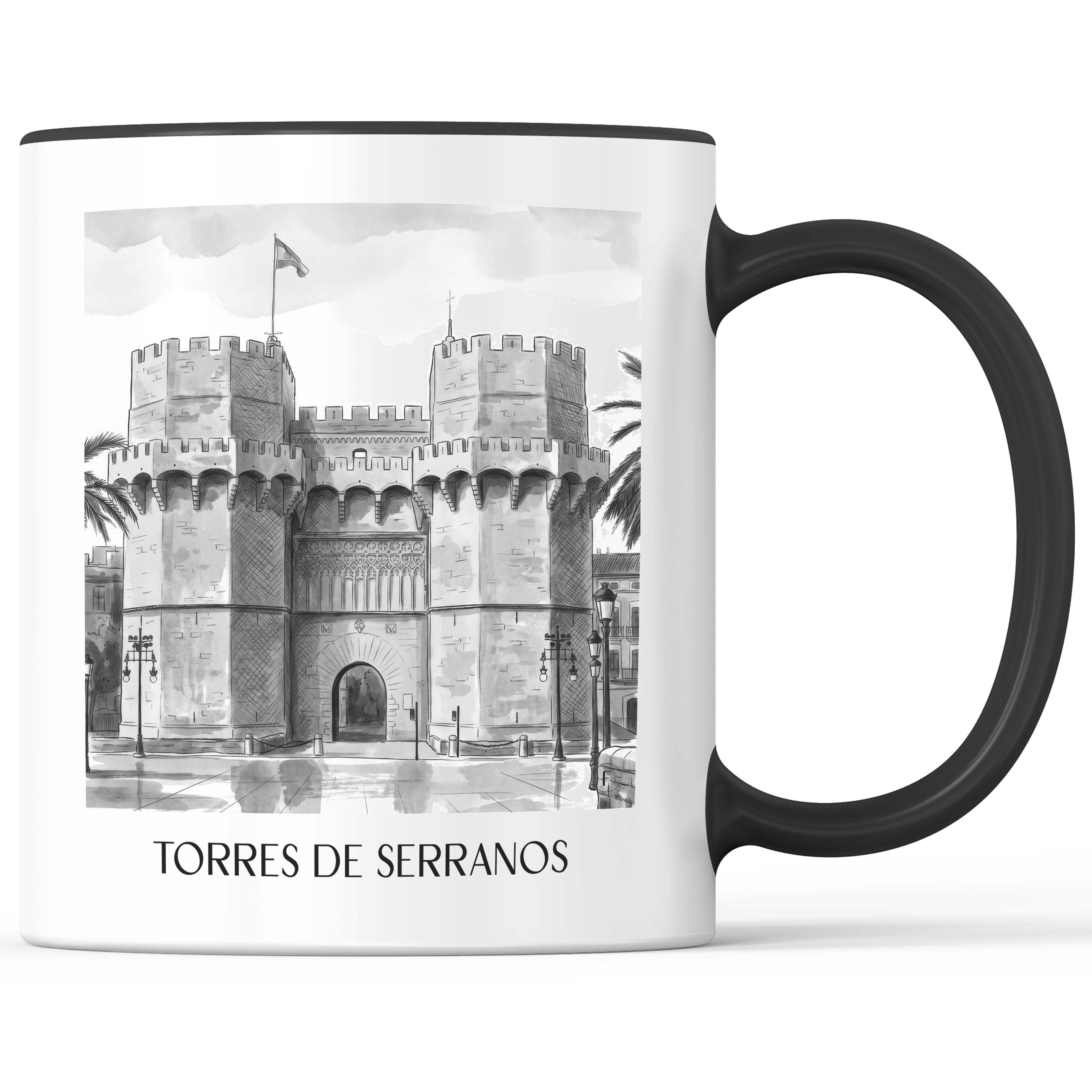 torres-de-serranos-valencia-spanien-kaffeebecher-aquarell-schwarz-weiss