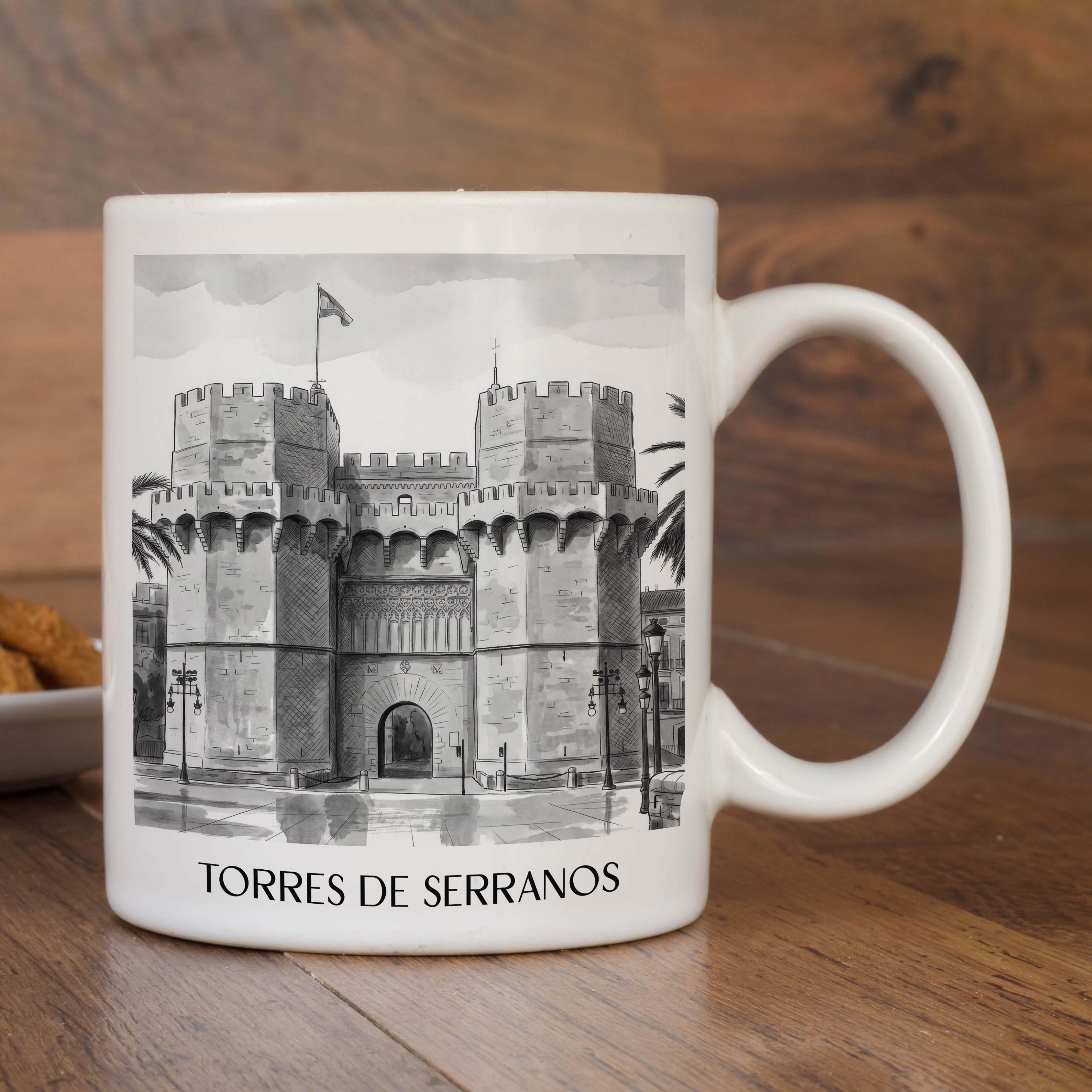 torres-de-serranos-valencia-spanien-kaffeebecher-aquarell-schwarz-weiss