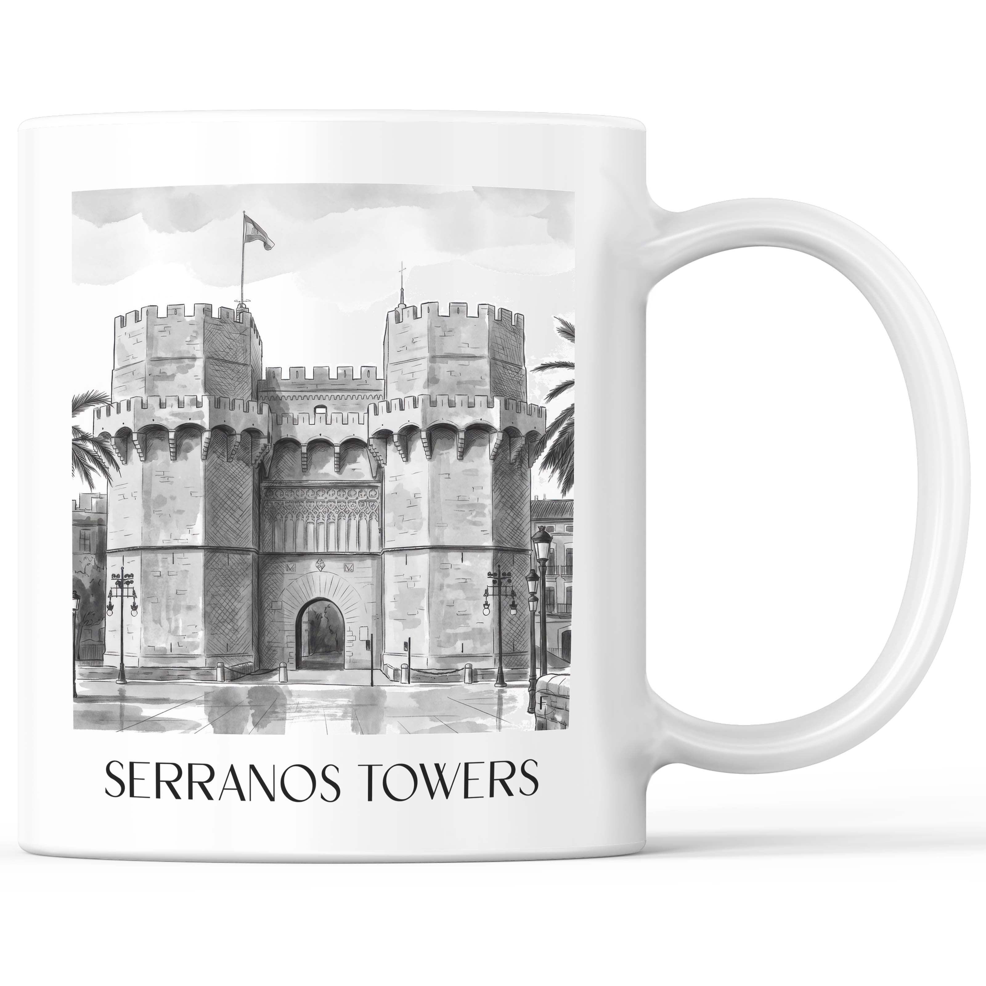 Torres de Serranos Kaffeebecher - Valencia - Spanien Becher - Kaffeetasse im Aquarell Schwarz-Weiß Stil - favplace