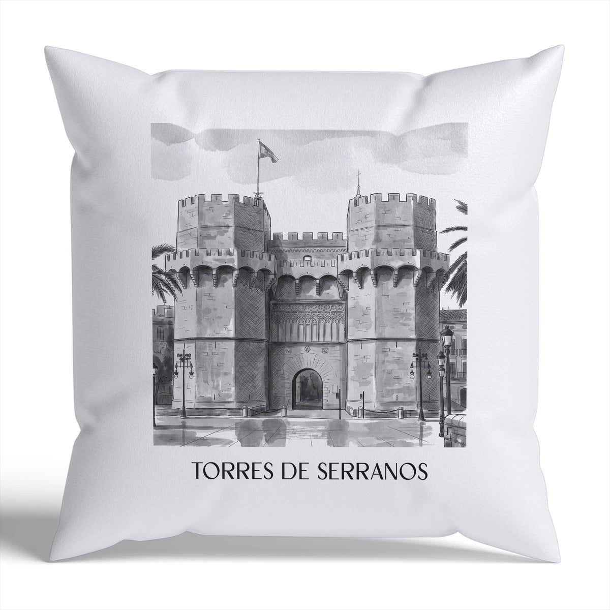 torres-de-serranos-valencia-spanien-kissenbezug-aquarell-schwarz-weiss