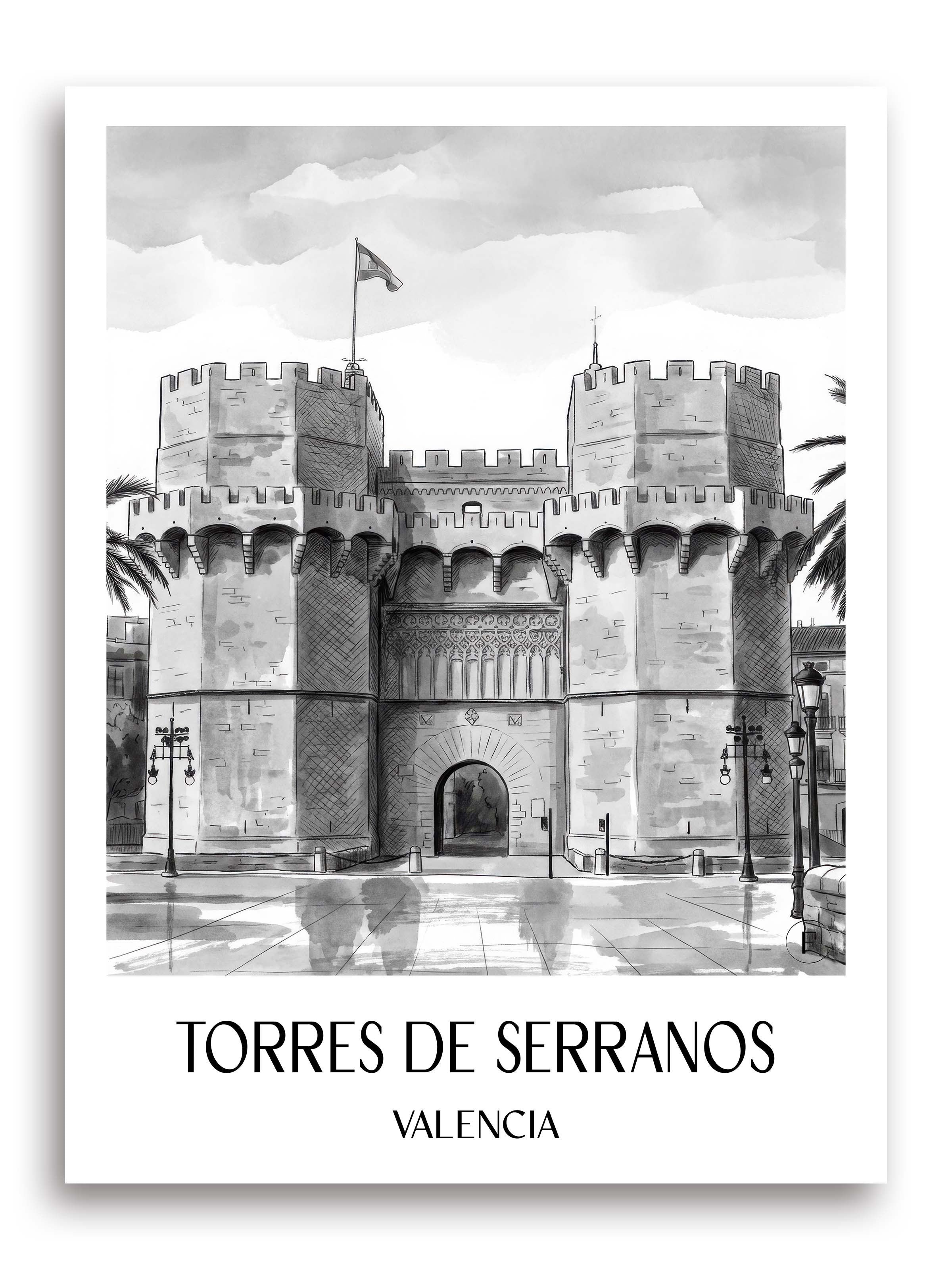 torres-de-serranos-valencia-spanien-poster-aquarell-schwarz-weiss