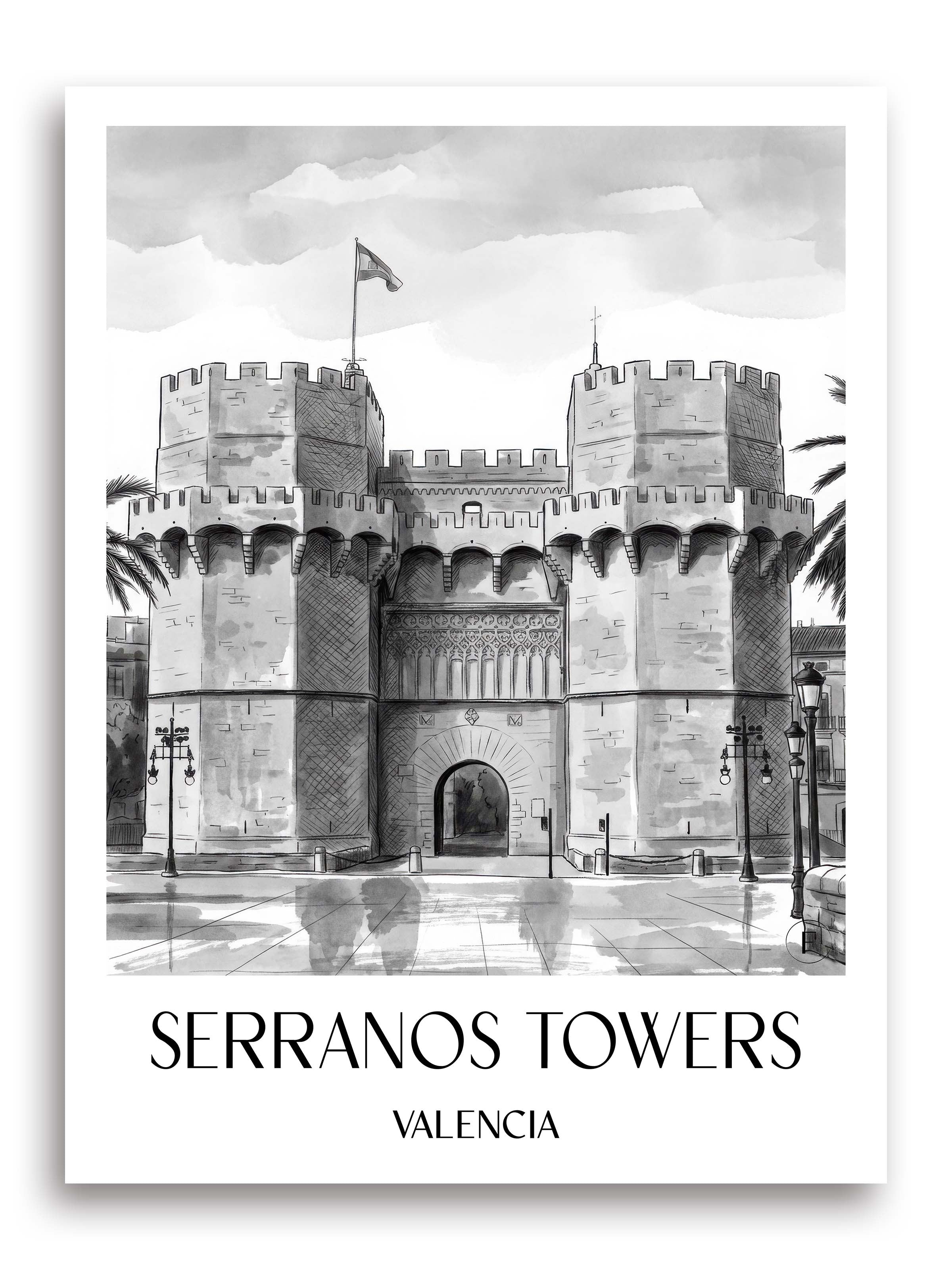 Torres de Serranos Poster - Valencia - Spanien Kunstdruck - Aquarell Schwarz-Weiß von A4 bis A1 - favplace