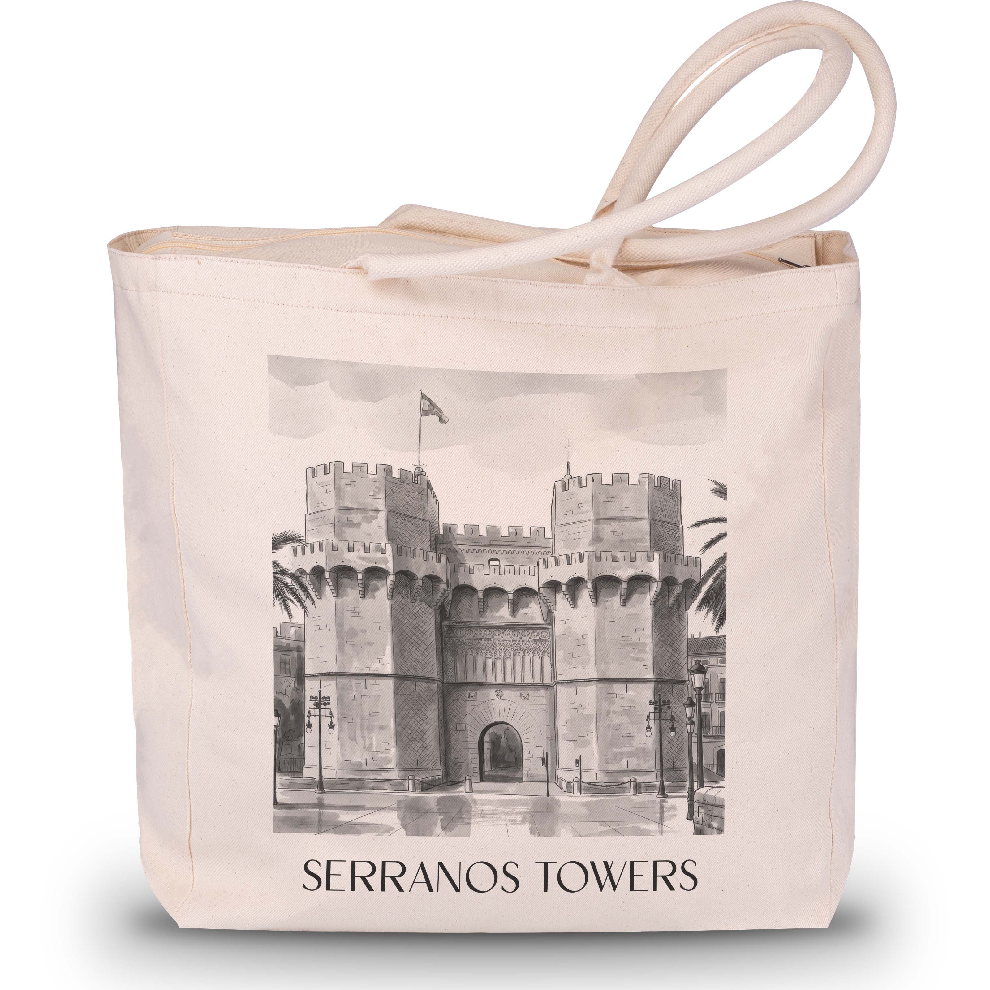 Torres de Serranos Shopping Tasche - Valencia - Spanien Tote Bag - Einkaufstasche im Aquarell Schwarz-Weiß Stil - favplace