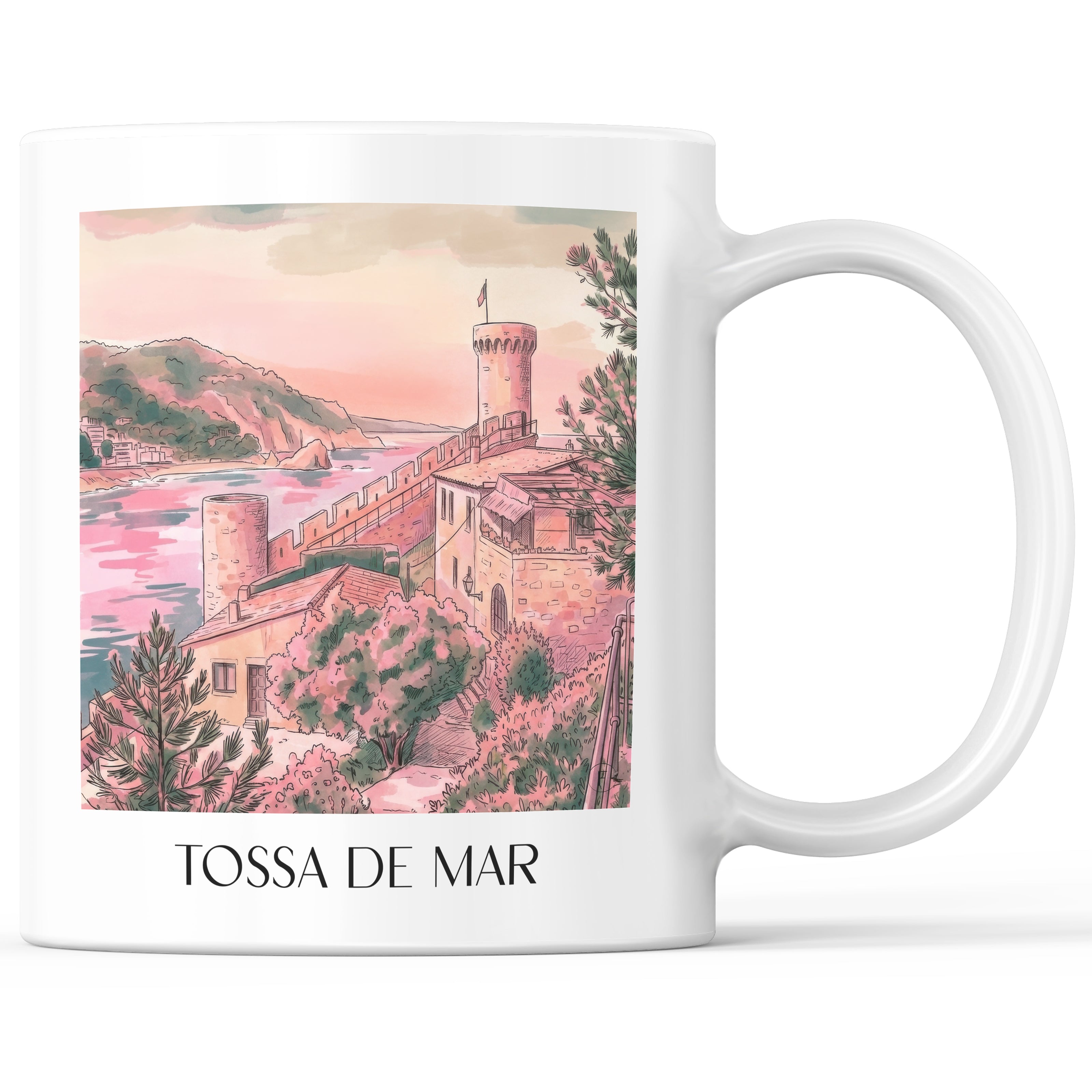 Tossa de Mar Kaffeebecher - Spanien - Spanien Becher - Kaffeetasse im Aquarell Pink Stil - favplace