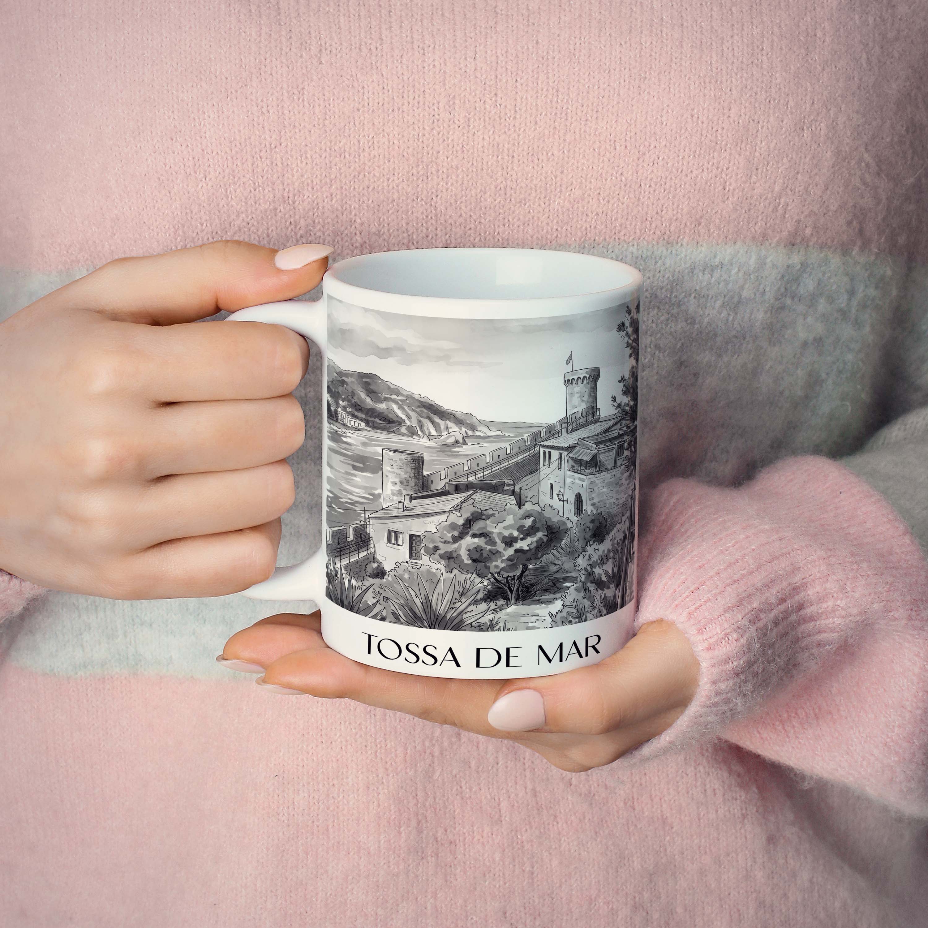 tossa-de-mar-spanien-spanien-kaffeebecher-aquarell-schwarz-weiss