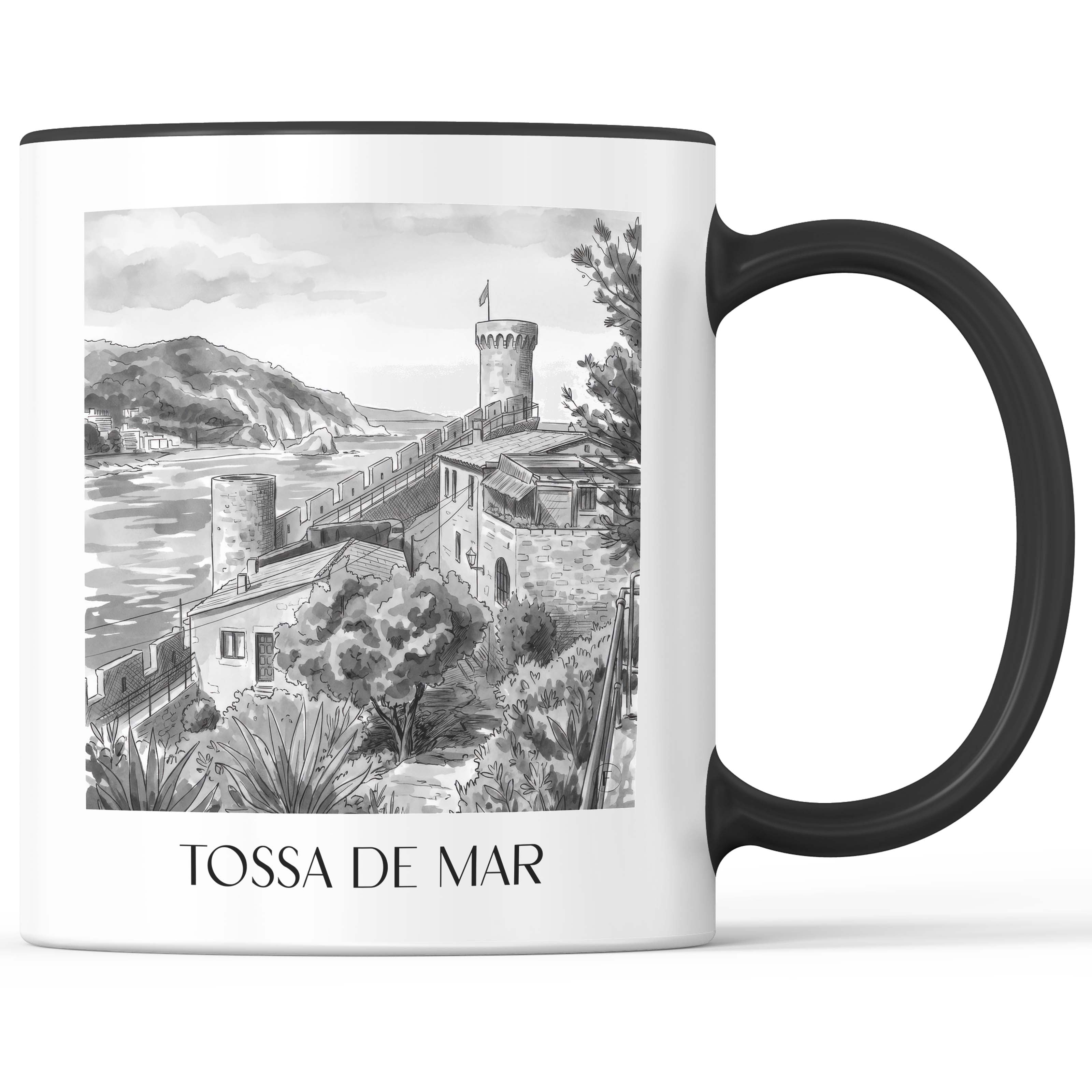 Tossa de Mar Kaffeebecher - Spanien - Spanien Becher - Kaffeetasse im Aquarell Schwarz-Weiß Stil - favplace