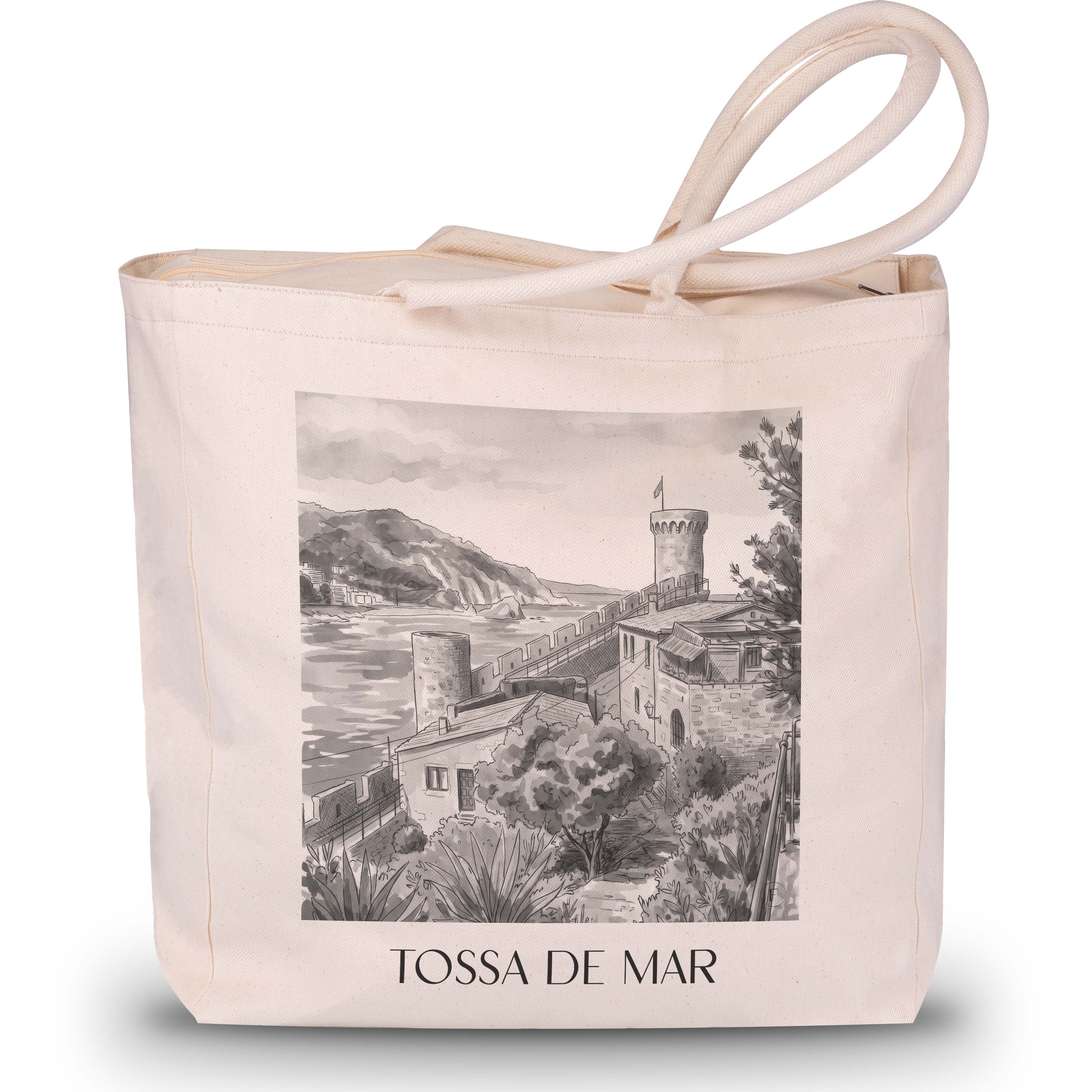 tossa-de-mar-spanien-spanien-einkaufstasche-aquarell-schwarz-weiss