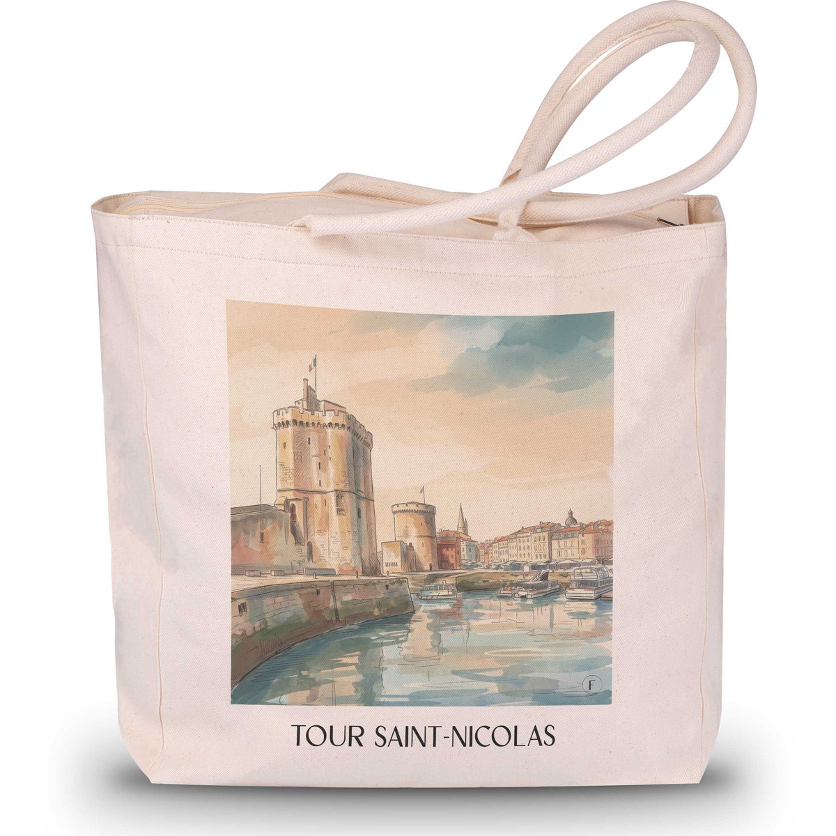 tour-saint-nicolas-la-rochelle-frankreich-einkaufstasche-aquarell