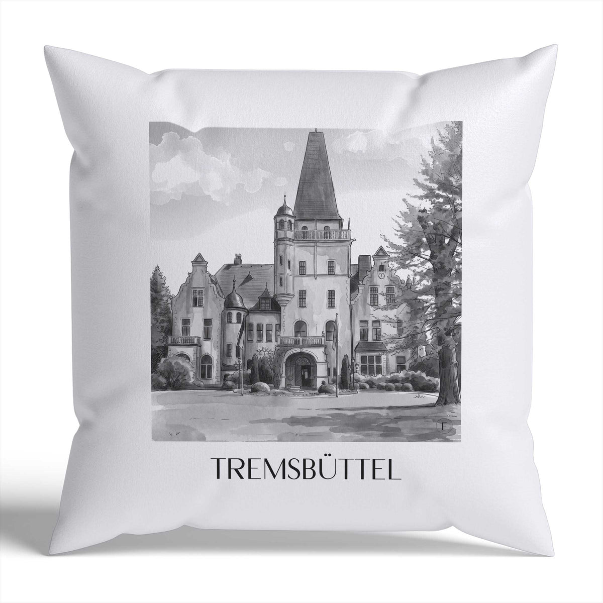 Tremsbüttel Kissenhülle - Zierkissen Bezug - Schleswig-Holstein - Deutschland Kissen bzw. Kissenbezug im Aquarell Schwarz-Weiß Stil - favplace