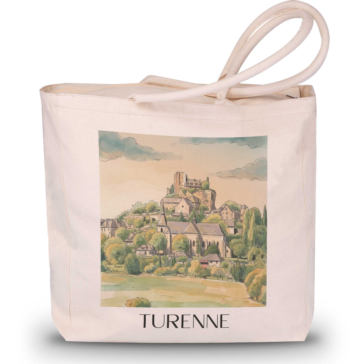 turenne-corrèze-frankreich-einkaufstasche-aquarell