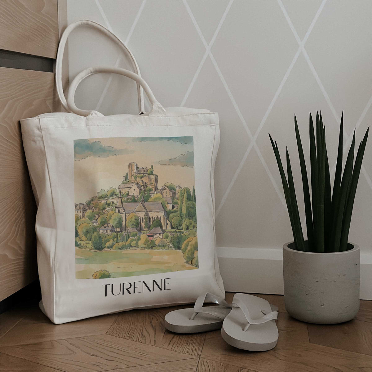 turenne-corrèze-frankreich-einkaufstasche-aquarell