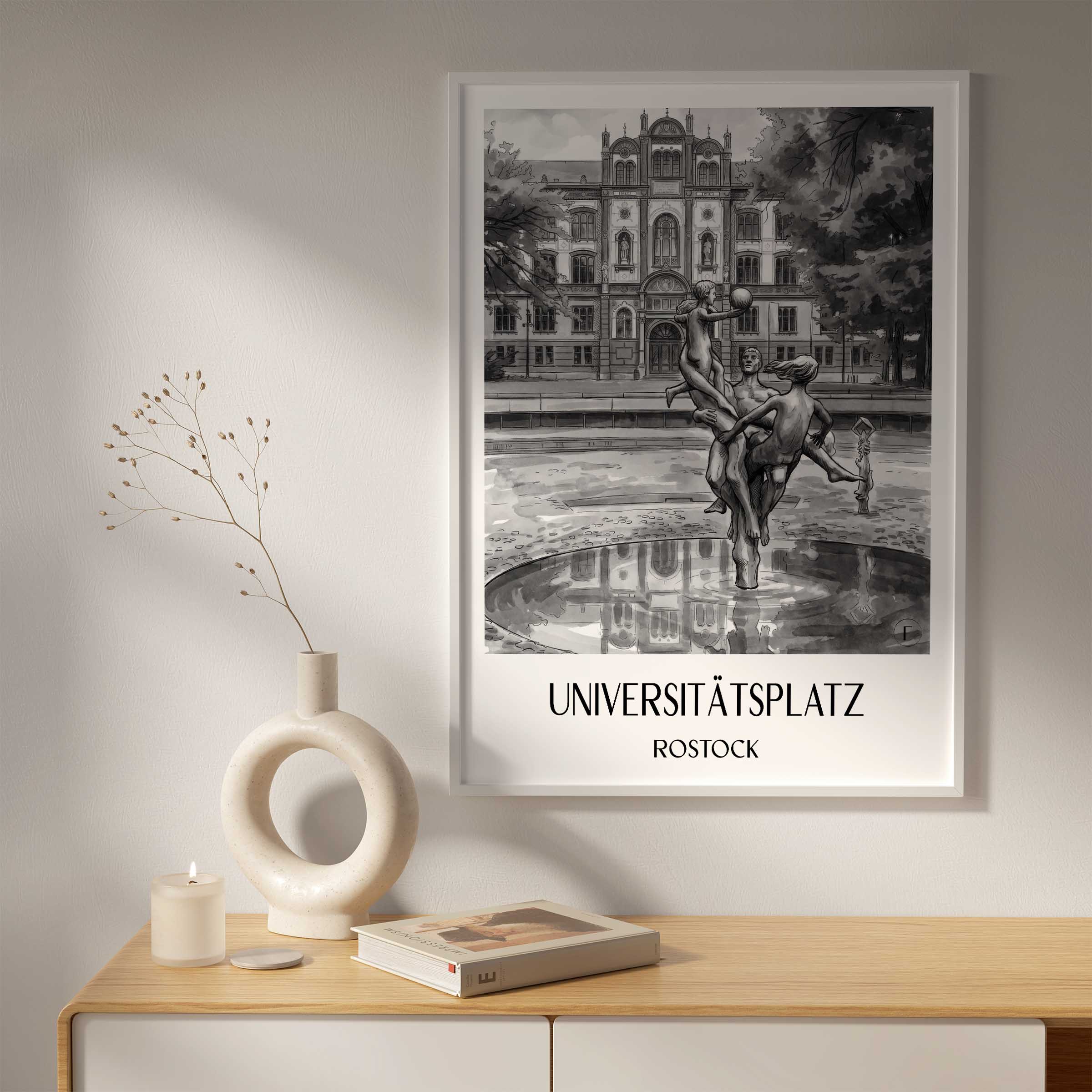 universitätsplatz-rostock-deutschland-poster-aquarell-schwarz-weiss