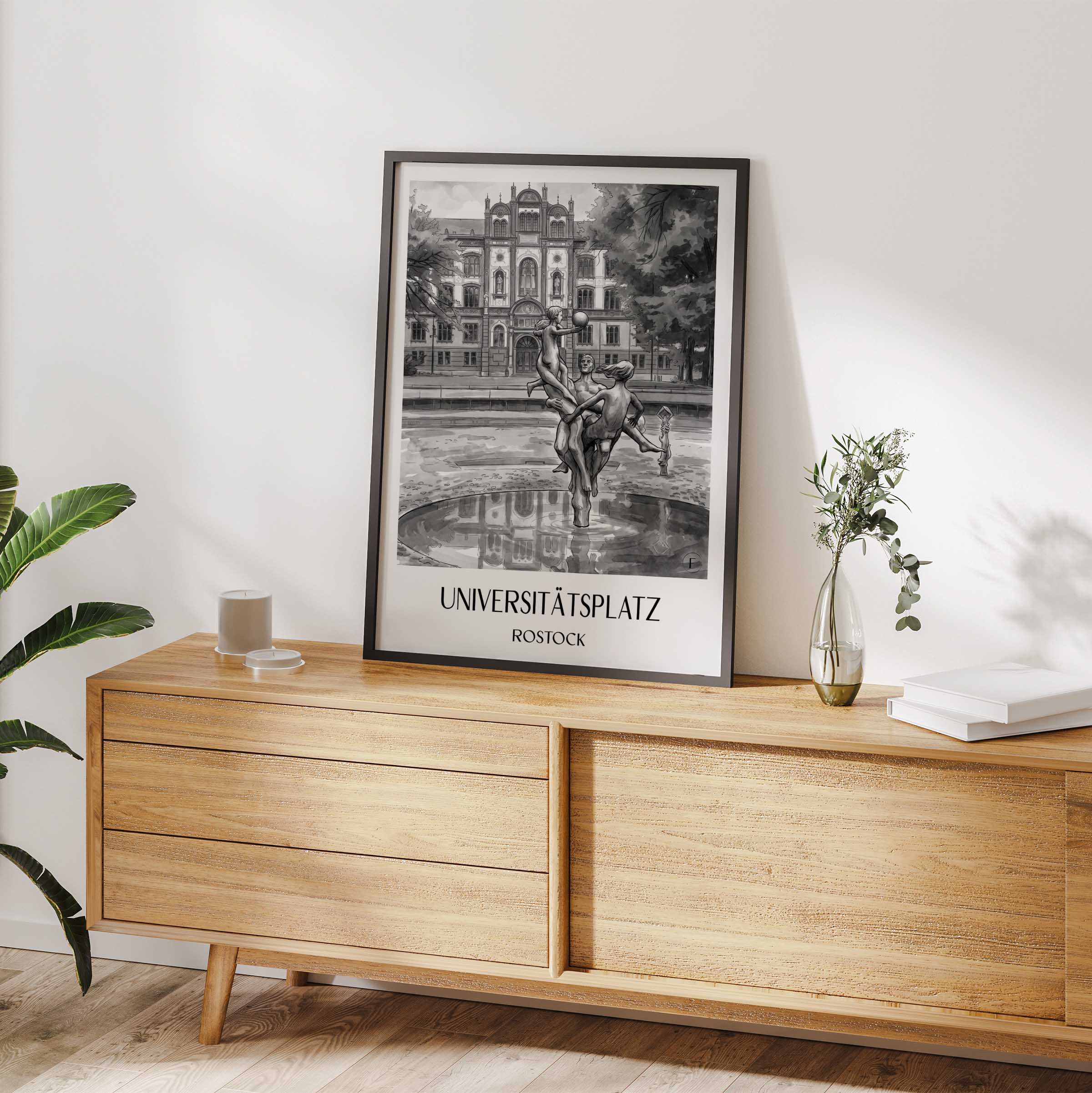 universitätsplatz-rostock-deutschland-poster-aquarell-schwarz-weiss