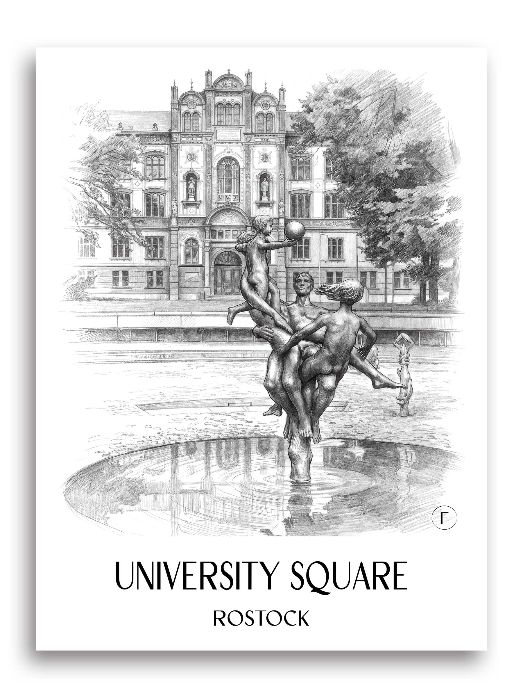 Universitätsplatz Poster - Rostock - Deutschland Kunstdruck - Zeichnung von A4 bis A1