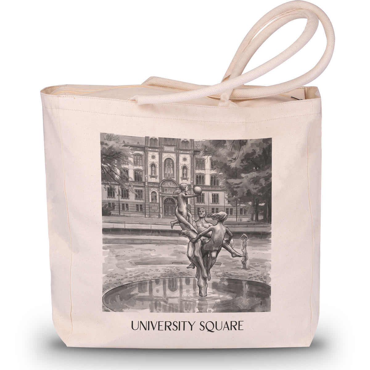 Universitätsplatz Shopping Tasche - Rostock - Deutschland Tote Bag - Einkaufstasche im Aquarell Schwarz-Weiß Stil - favplace