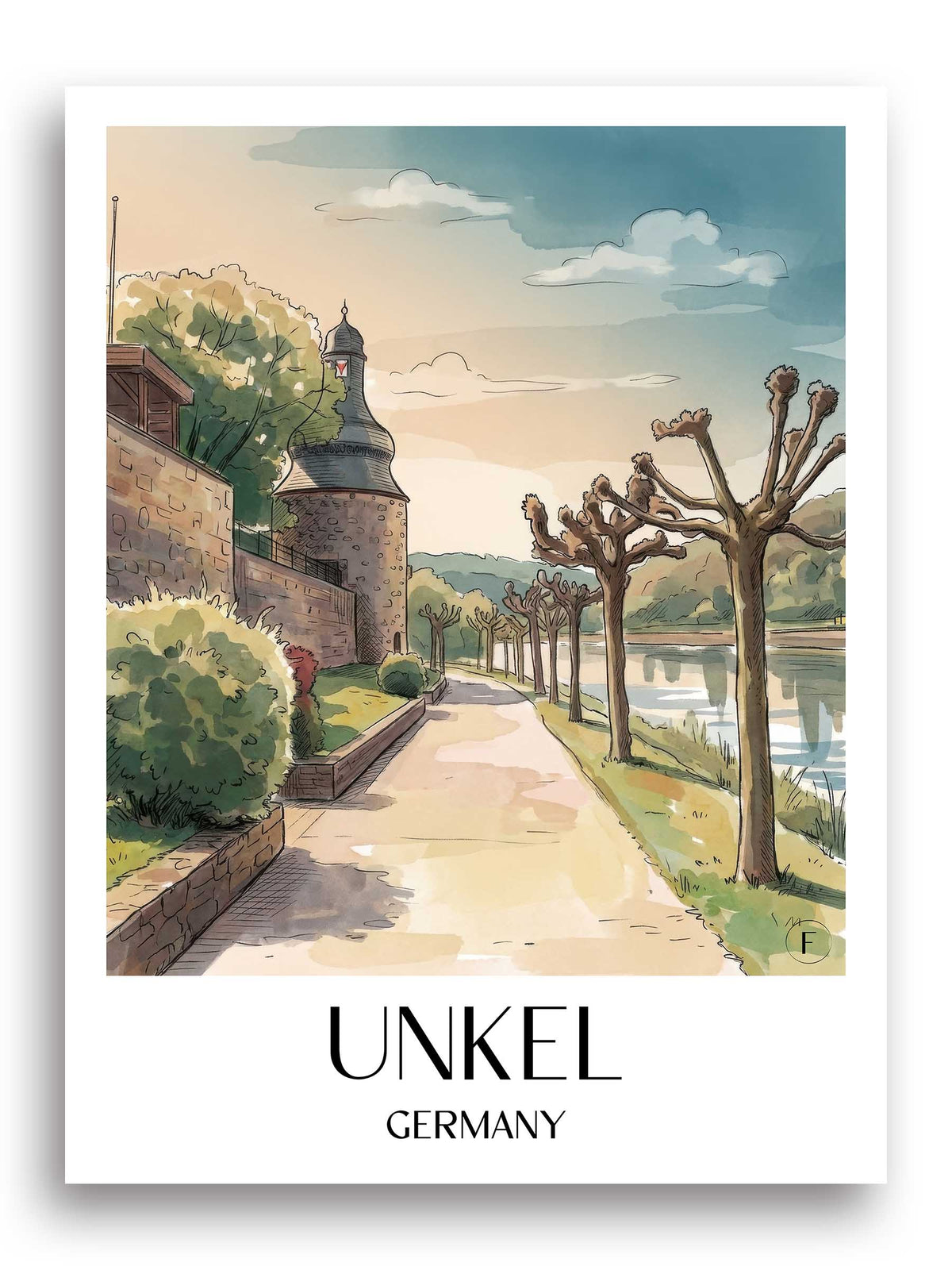 Unkel Poster - Mittelrhein - Deutschland Kunstdruck - Aquarell von A4 bis A1 - favplace