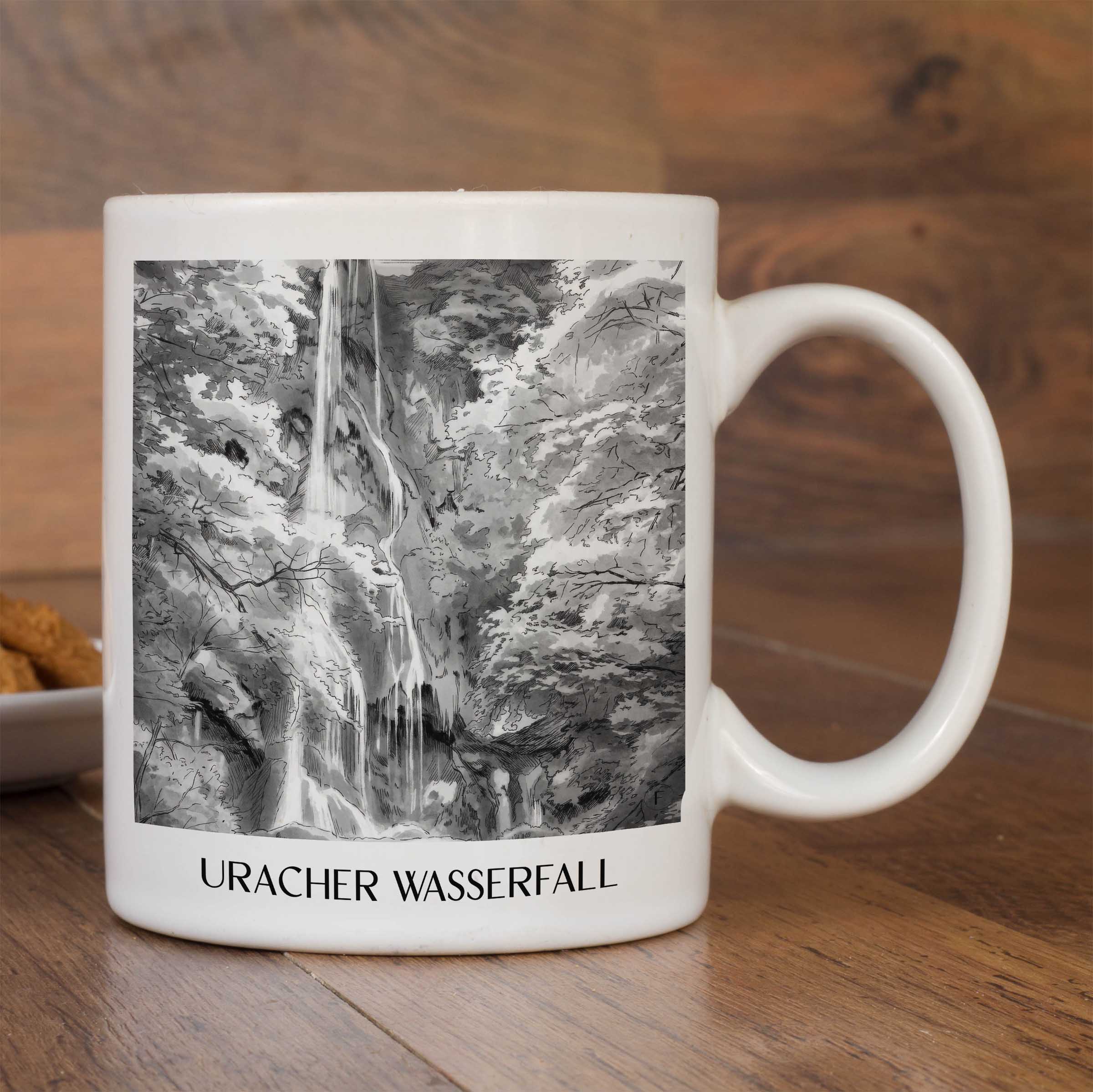 uracher-wasserfall-schwäbische-alb-deutschland-kaffeebecher-aquarell-schwarz-weiss