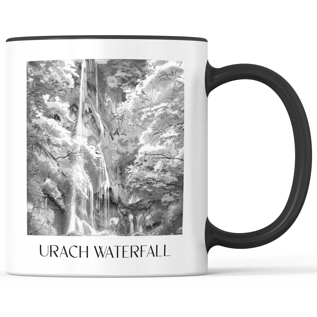 Uracher Wasserfall Kaffeebecher - Schwäbische Alb - Deutschland Becher - Kaffeetasse im Aquarell Schwarz-Weiß Stil - favplace