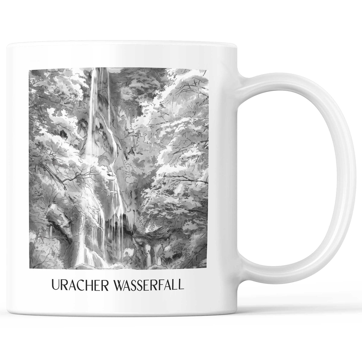 Uracher Wasserfall Kaffeebecher - Schwäbische Alb - Deutschland Becher - Kaffeetasse im Aquarell Schwarz-Weiß Stil - favplace