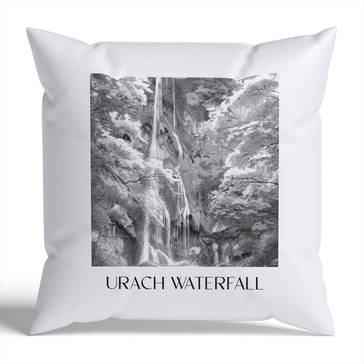 Uracher Wasserfall Kissenhülle - Zierkissen Bezug - Schwäbische Alb - Deutschland Kissen bzw. Kissenbezug im Aquarell Schwarz-Weiß Stil - favplace