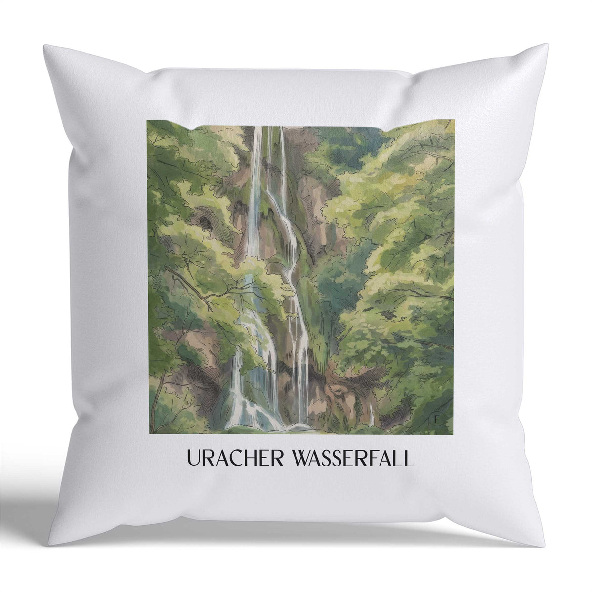 uracher-wasserfall-schwäbische-alb-deutschland-kissenbezug-aquarell