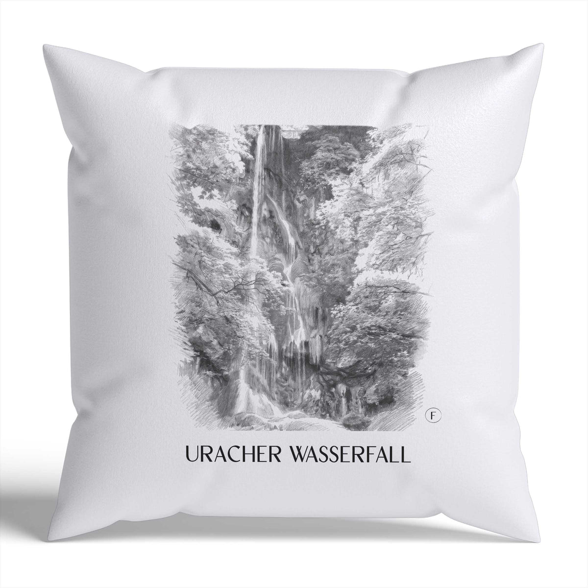uracher-wasserfall-schwäbische-alb-deutschland-kissenbezug-bleistift-zeichnung-drawing