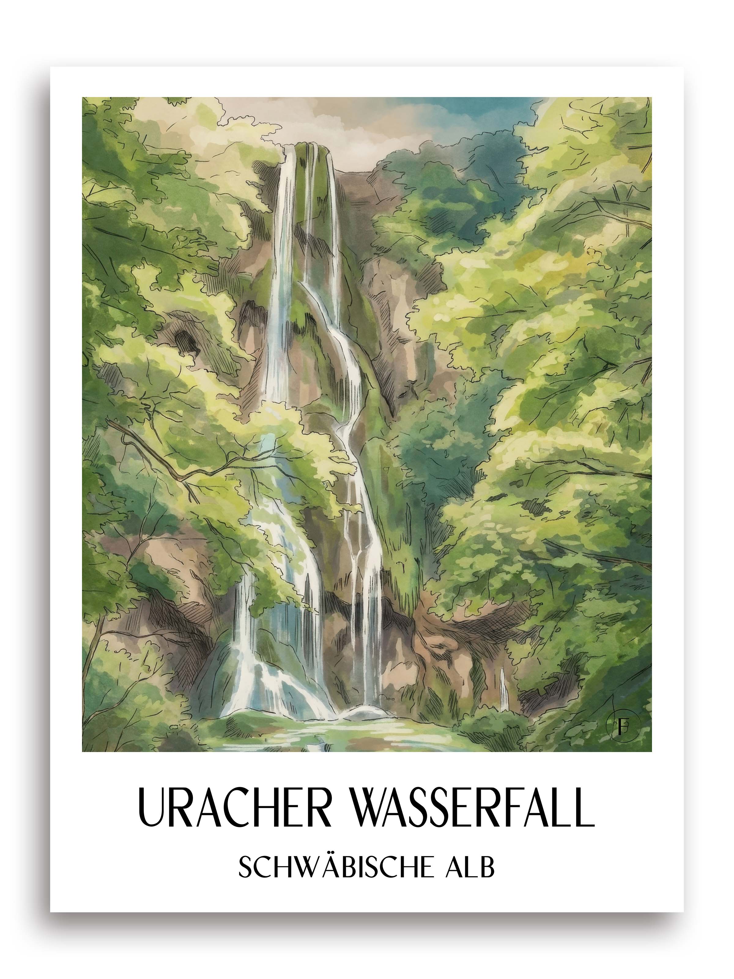 uracher-wasserfall-schwäbische-alb-deutschland-poster-aquarell