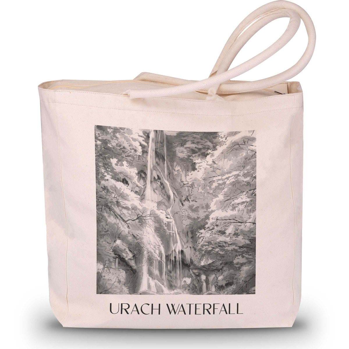 Uracher Wasserfall Shopping Tasche - Schwäbische Alb - Deutschland Tote Bag - Einkaufstasche im Aquarell Schwarz-Weiß Stil - favplace