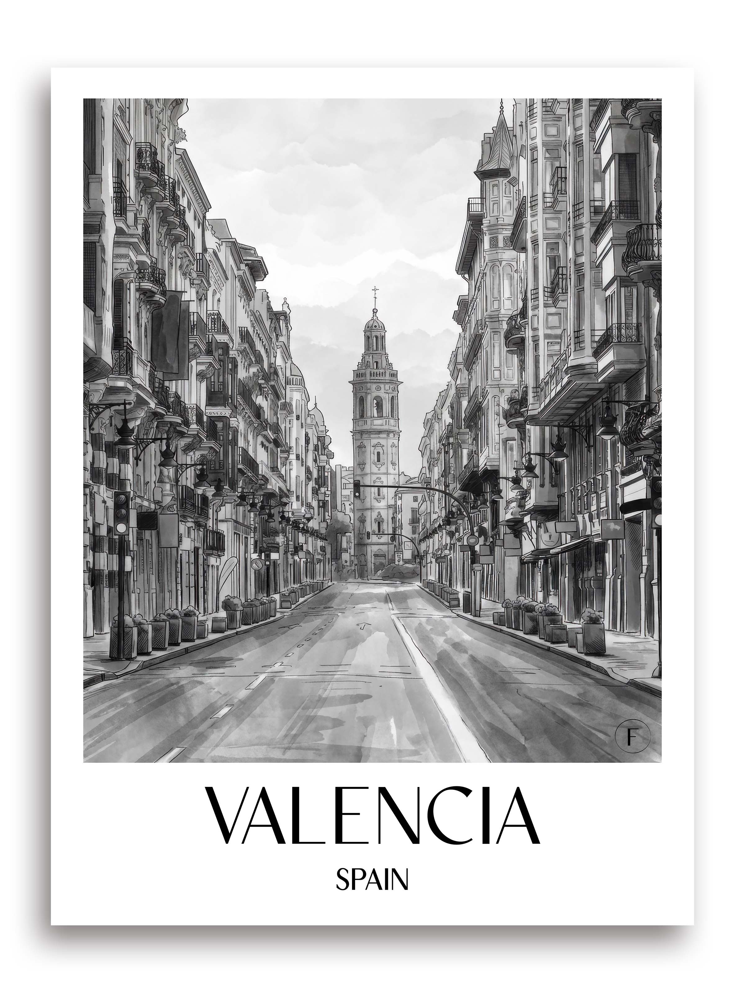 Valencia Poster - Spanien - Spanien Kunstdruck - Aquarell Schwarz-Weiß von A4 bis A1 - favplace