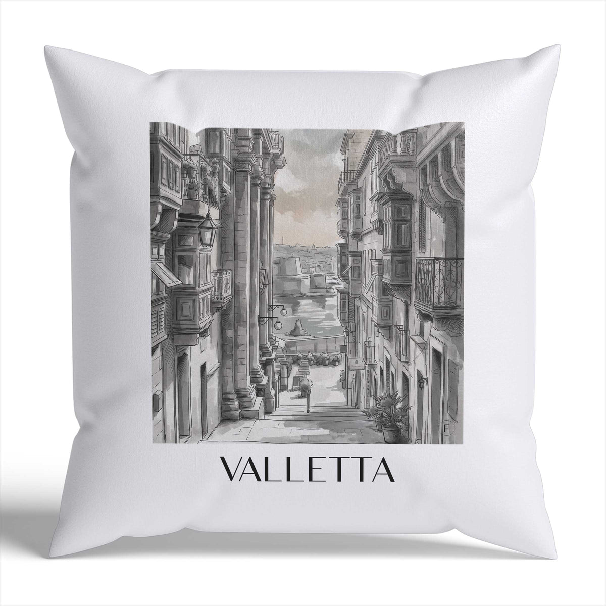 Valletta Kissenhülle - Zierkissen Bezug - Malta - Malta Kissen bzw. Kissenbezug im Aquarell Schwarz-Weiß Stil - favplace