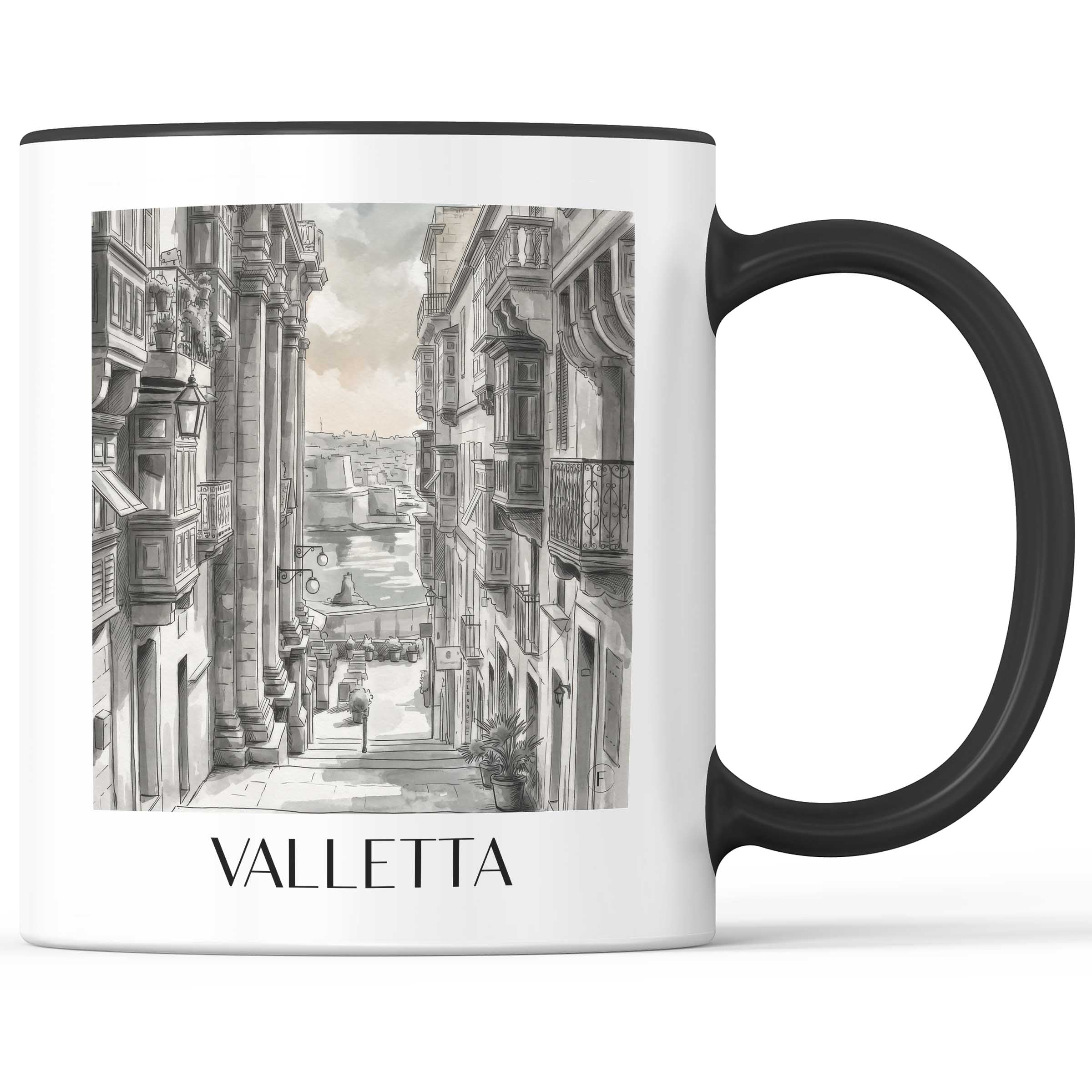 Valletta - Malta Becher - Kaffeetasse im Aquarell Schwarz-Weiß Stil - favplace