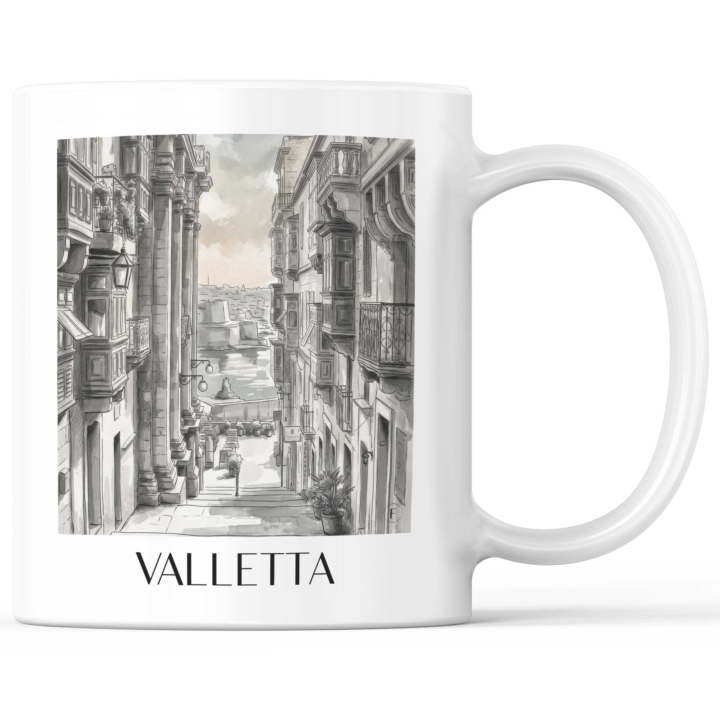 Valletta - Malta Becher - Kaffeetasse im Aquarell Schwarz-Weiß Stil - favplace