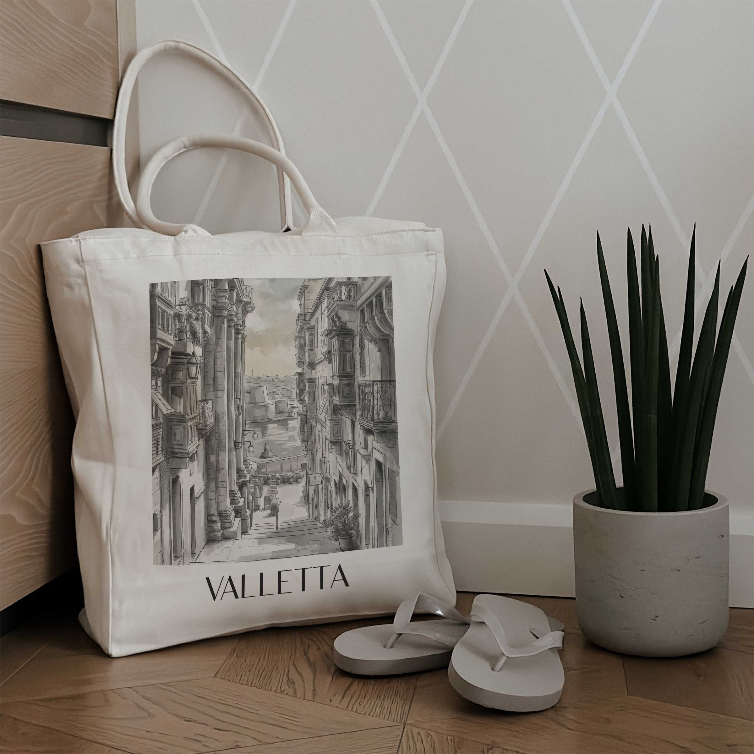 valletta-malta-einkaufstasche-aquarell-schwarz-weiss
