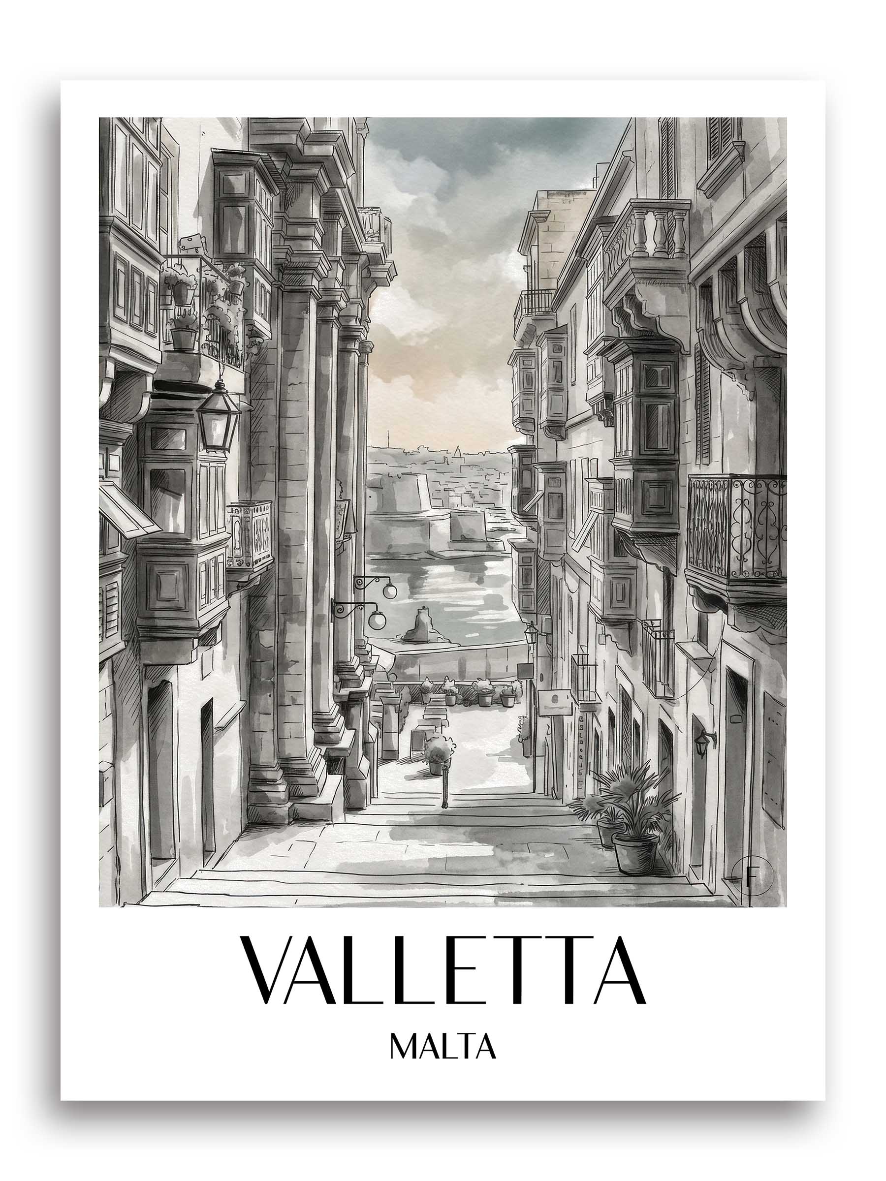 valletta-malta-poster-aquarell-schwarz-weiss