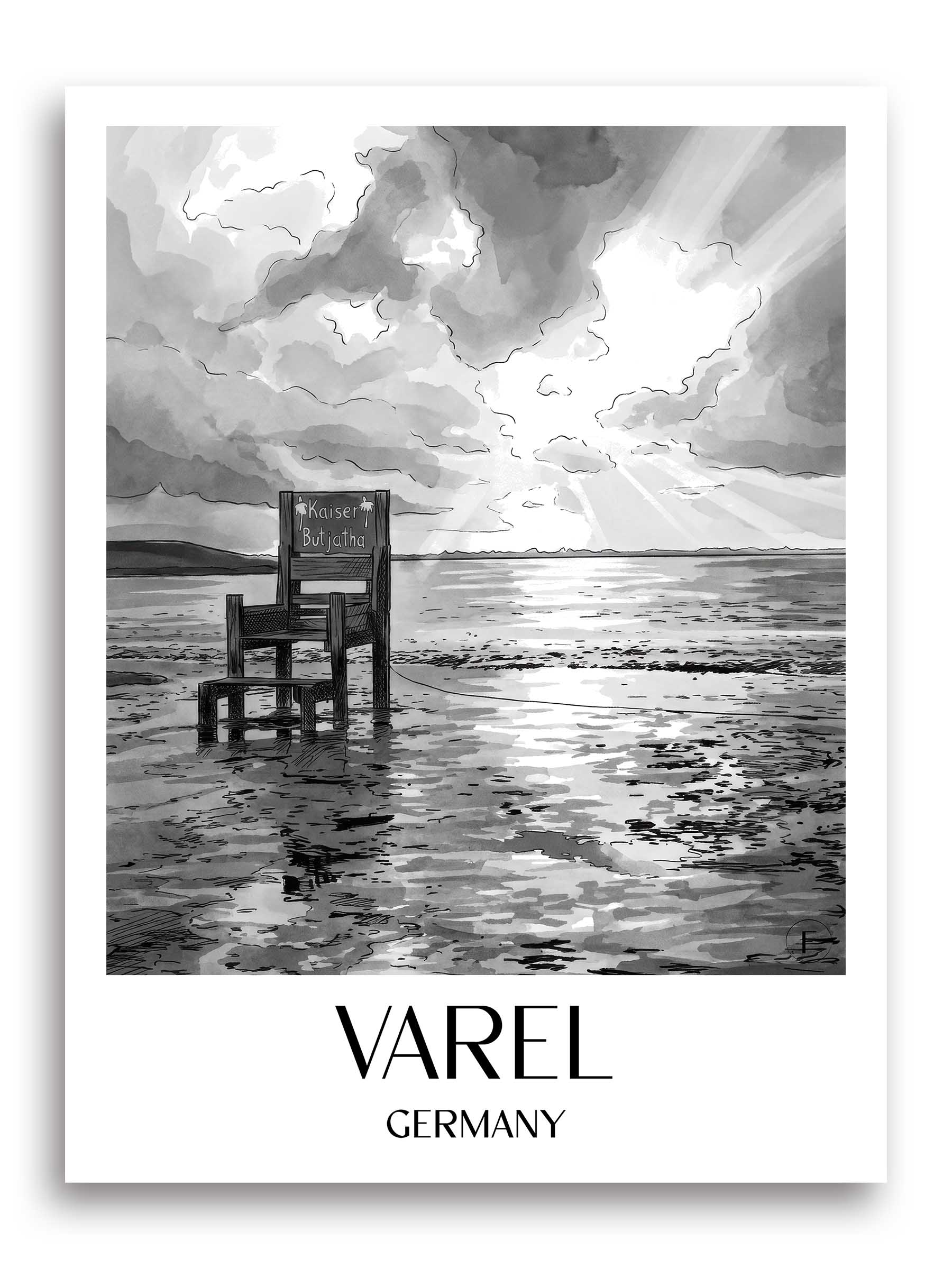 Varel Poster - Friesland - Deutschland Kunstdruck - Aquarell Schwarz-Weiß von A4 bis A1