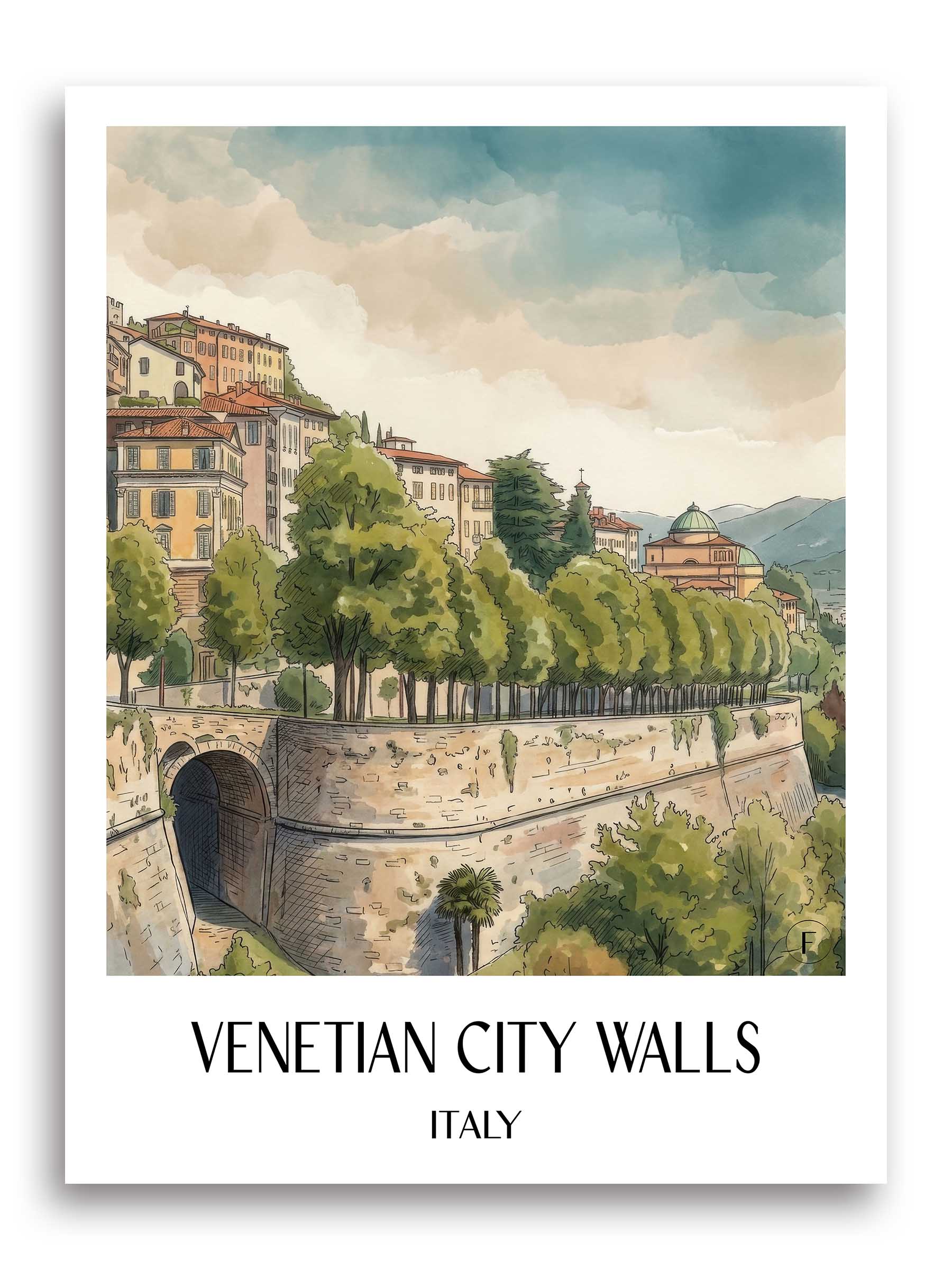 Venezianische Stadtmauer Poster - Bergamo - Italien Kunstdruck - Aquarell von A4 bis A1 - favplace