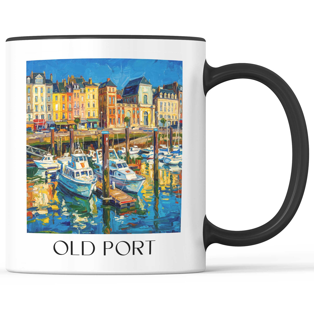 Vieux Port Kaffeebecher - Dieppe - Frankreich Becher - Kaffeetasse im Ölgemälde Stil - favplace