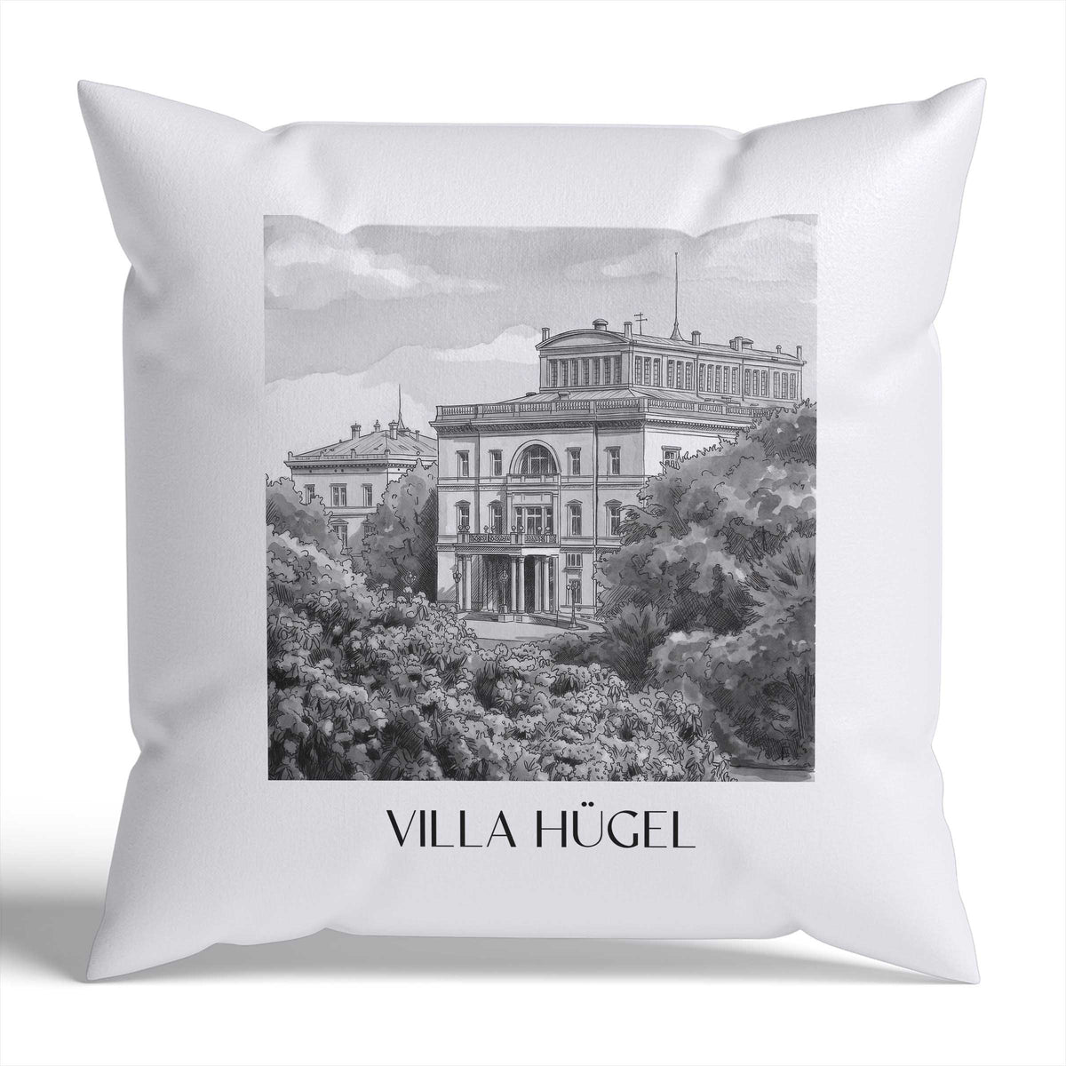 Villa Hügel Kissenhülle - Zierkissen Bezug - Essen - Deutschland Kissen bzw. Kissenbezug im Aquarell Schwarz-Weiß Stil - favplace
