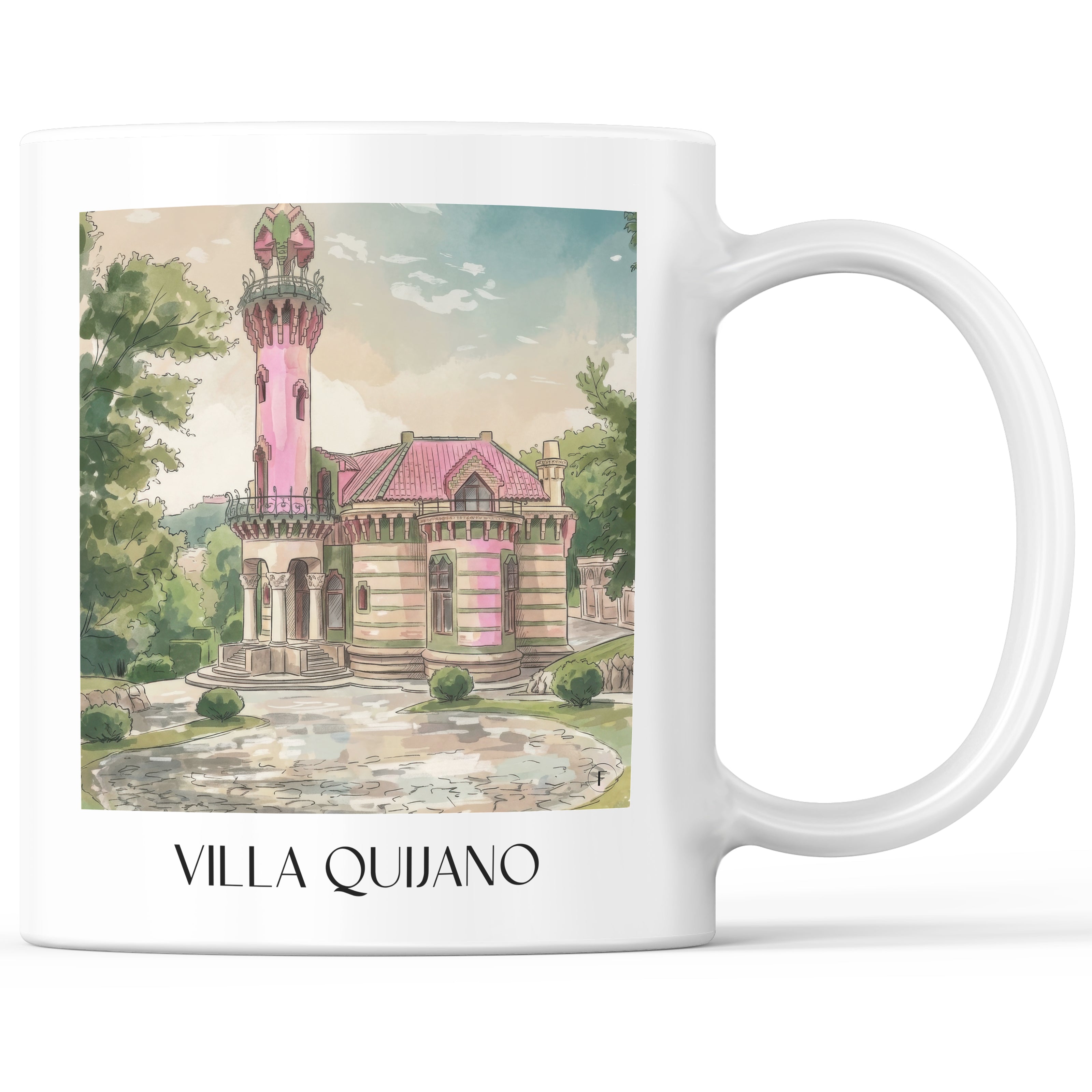 Villa Quijano Kaffeebecher - Comillas - Spanien Becher - Kaffeetasse im Aquarell Pink Stil - favplace