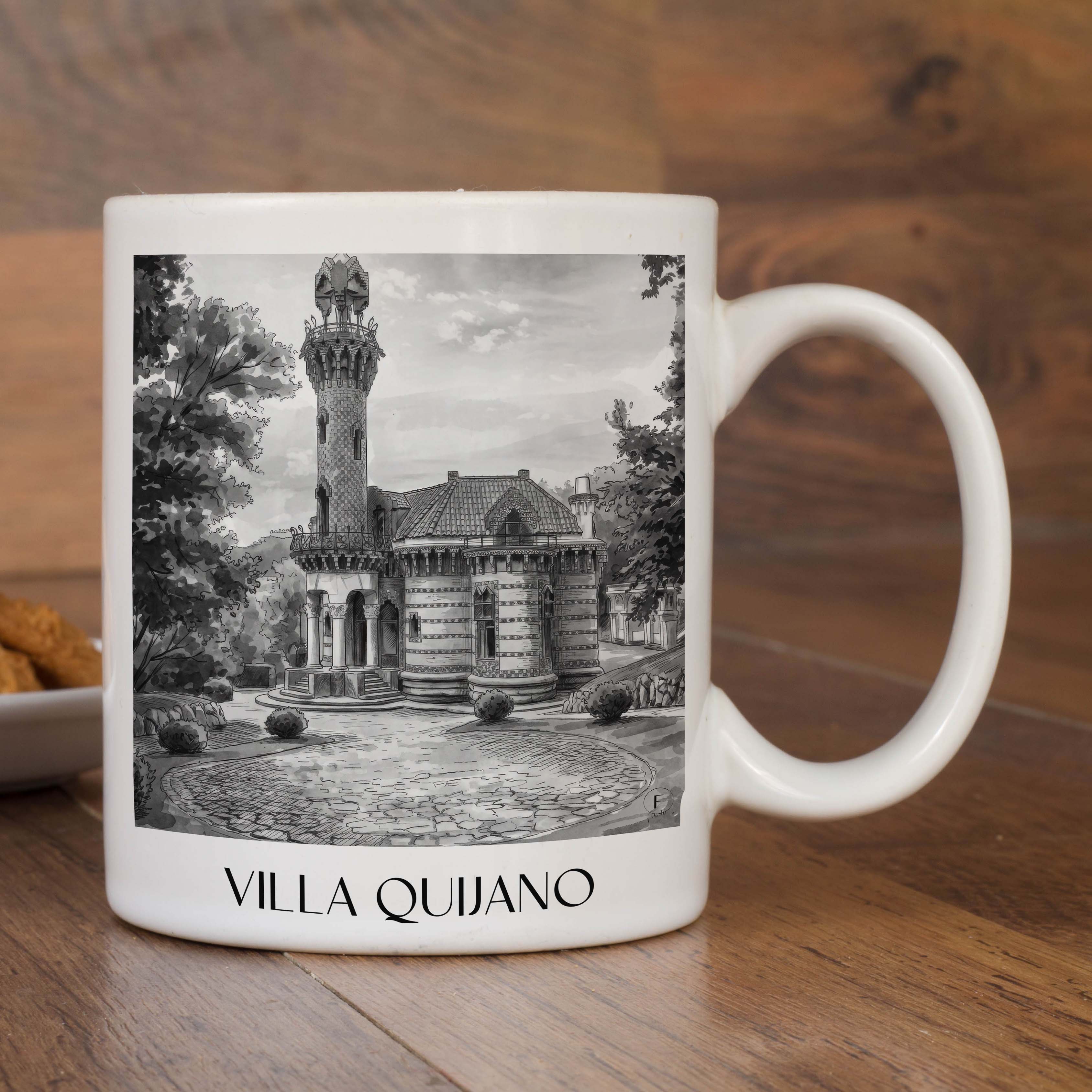 villa-quijano-comillas-spanien-kaffeebecher-aquarell-schwarz-weiss