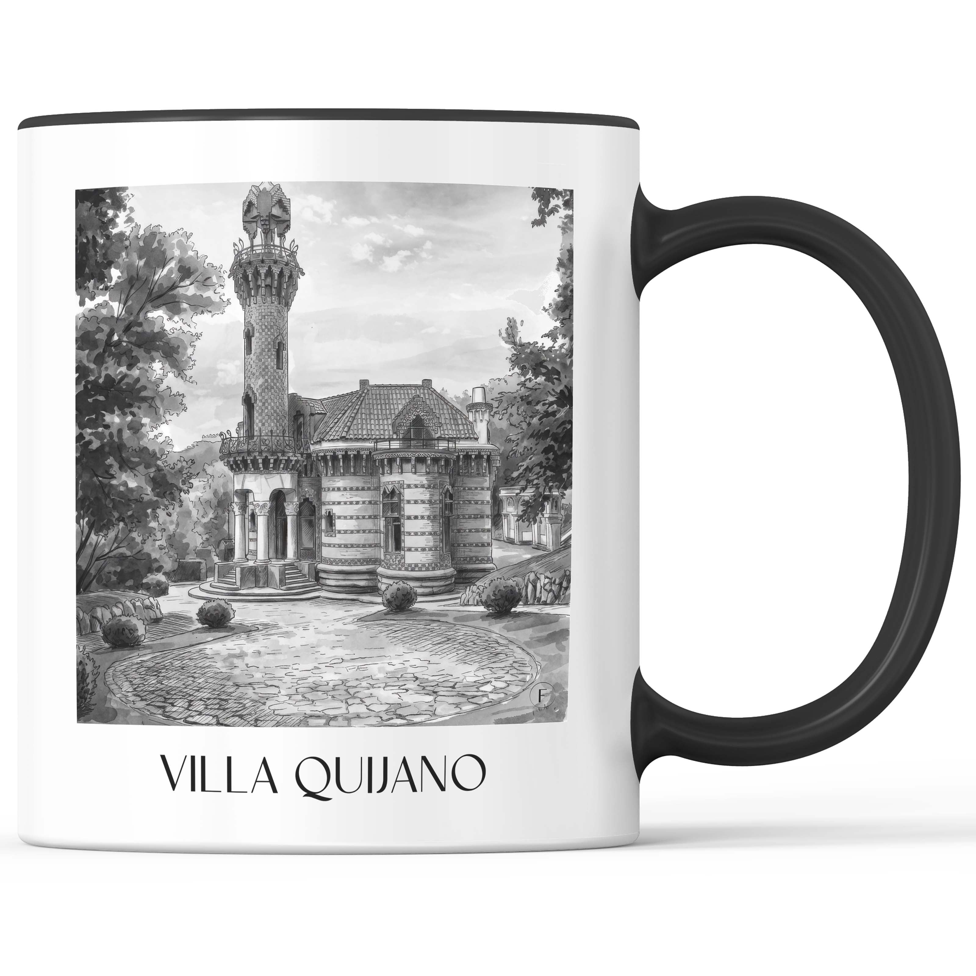 Villa Quijano Kaffeebecher - Comillas - Spanien Becher - Kaffeetasse im Aquarell Schwarz-Weiß Stil - favplace