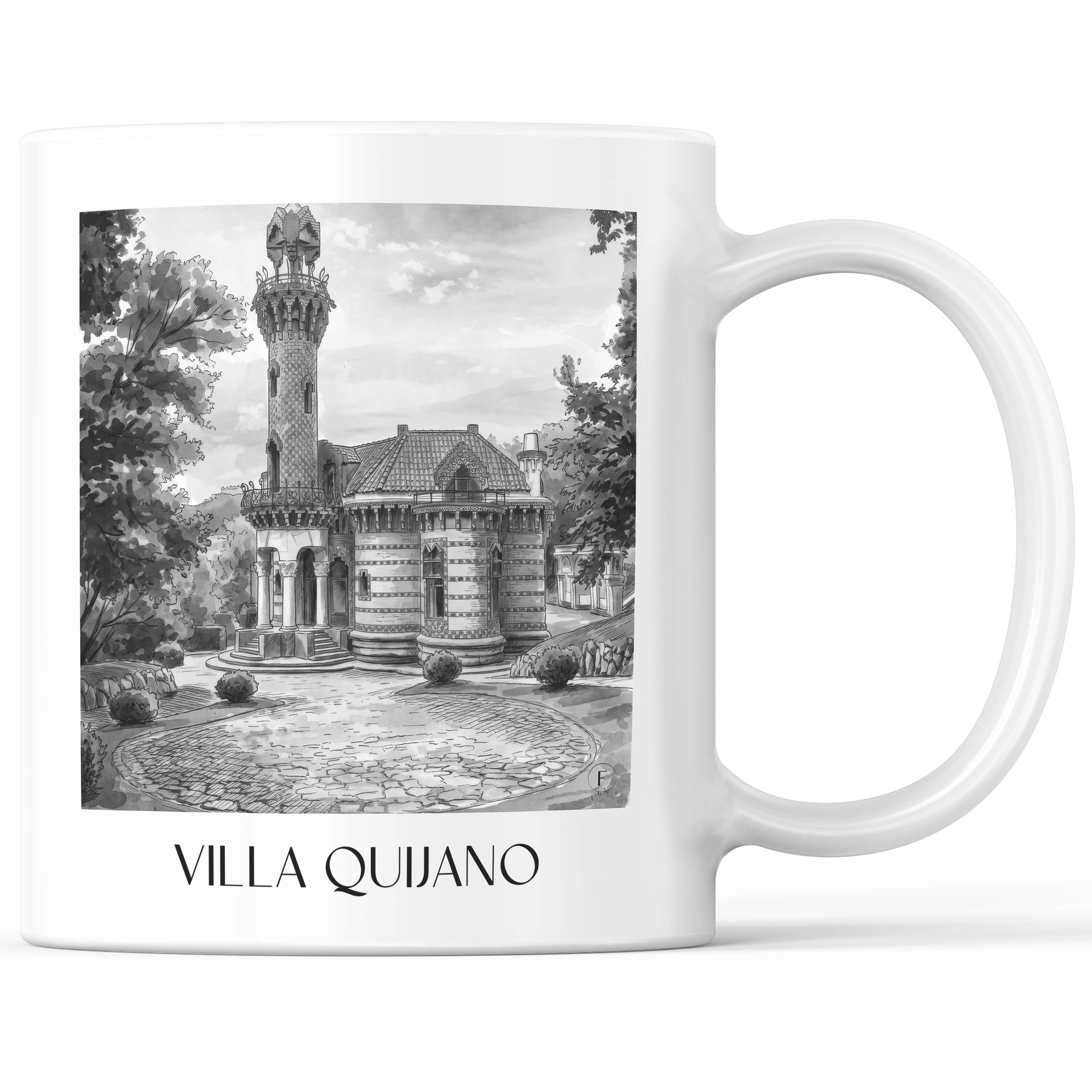 Villa Quijano Kaffeebecher - Comillas - Spanien Becher - Kaffeetasse im Aquarell Schwarz-Weiß Stil - favplace